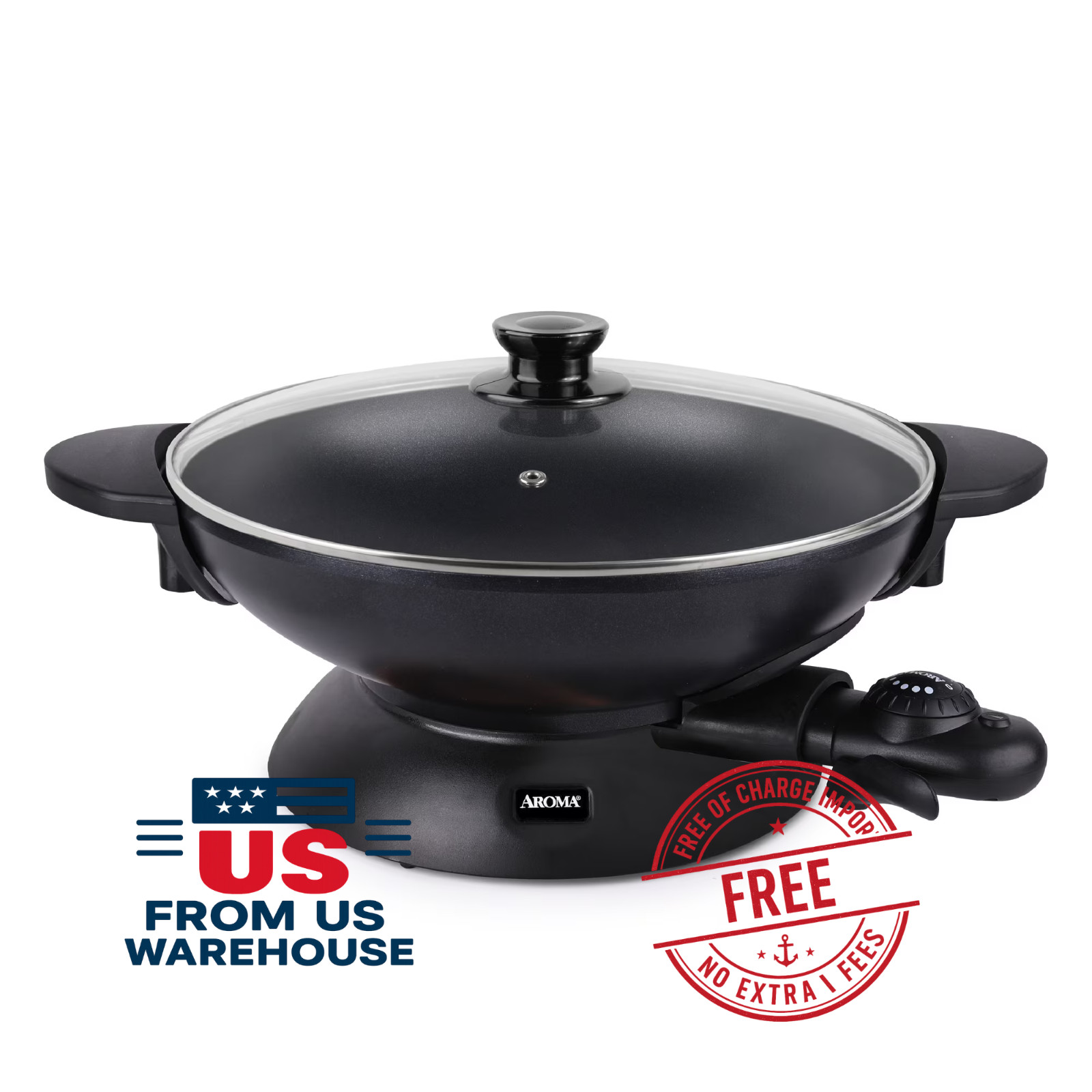 Aroma 5Qt Electric Wok AEW-307 Nonstick Glass Lid Temperature Control New