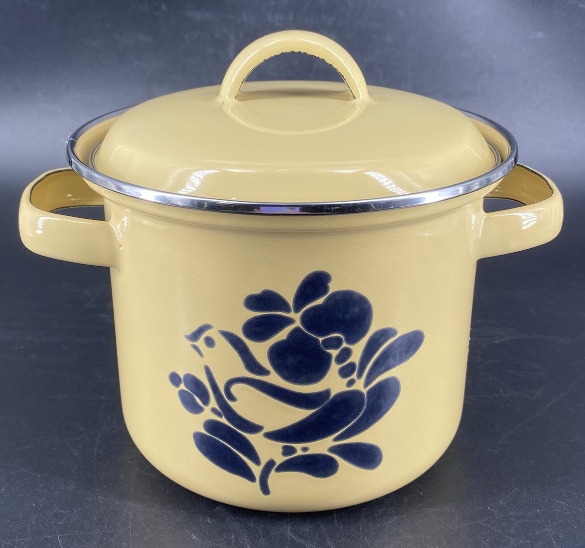 Vtg 80s Pfaltzgraff Folk Art Stock Pot Metal Bird Double Handle Enamel 1.75 Qt