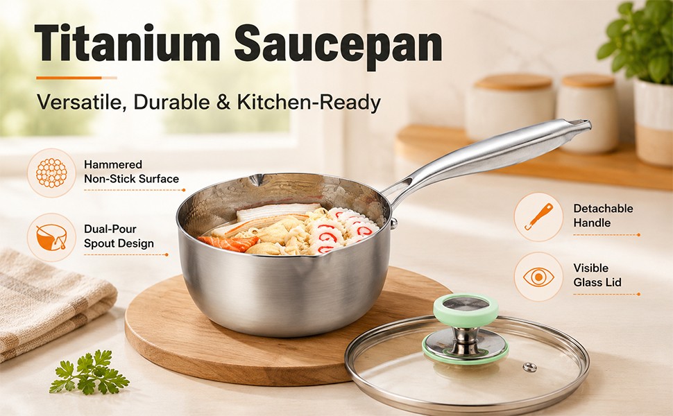 Titanium Pan Pot with Lid, Non-Stick Titanium Saucepan, 500°F Heat Resistant,