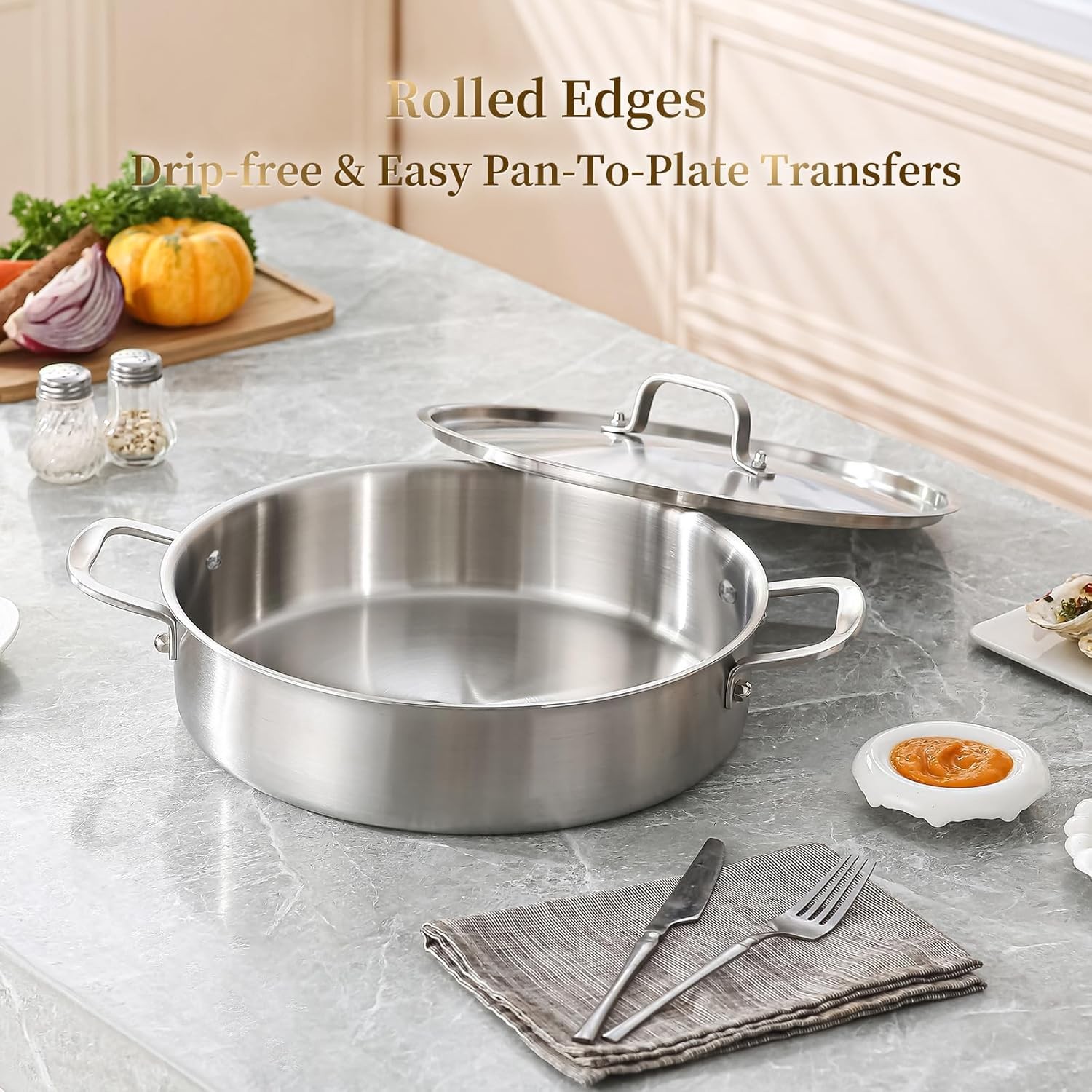 DELARLO Tri-Ply Stainless Steel 5 Quart Braiser Pan with Lid 5 Quarts, Silver