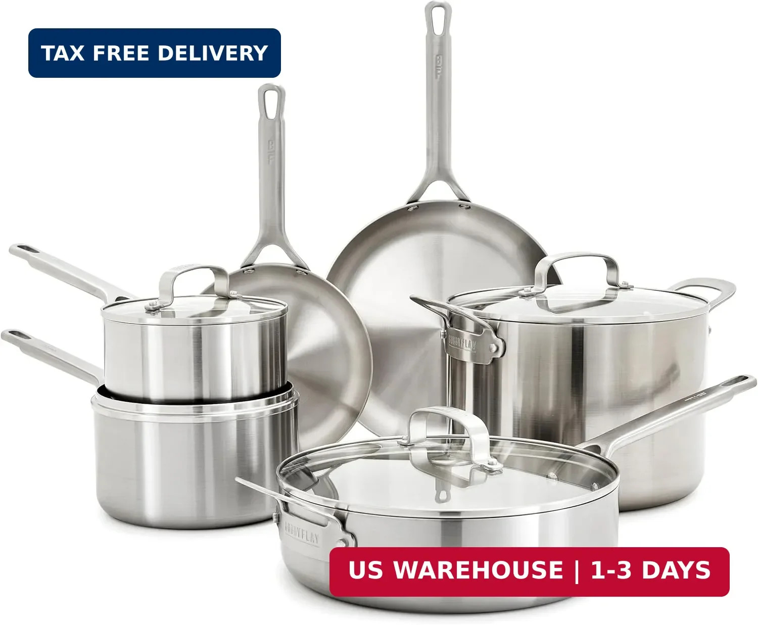 GreenPan x Bobby Flay 10 Piece Stainless Steel Cookware Set, Tri-Ply Multiclad P