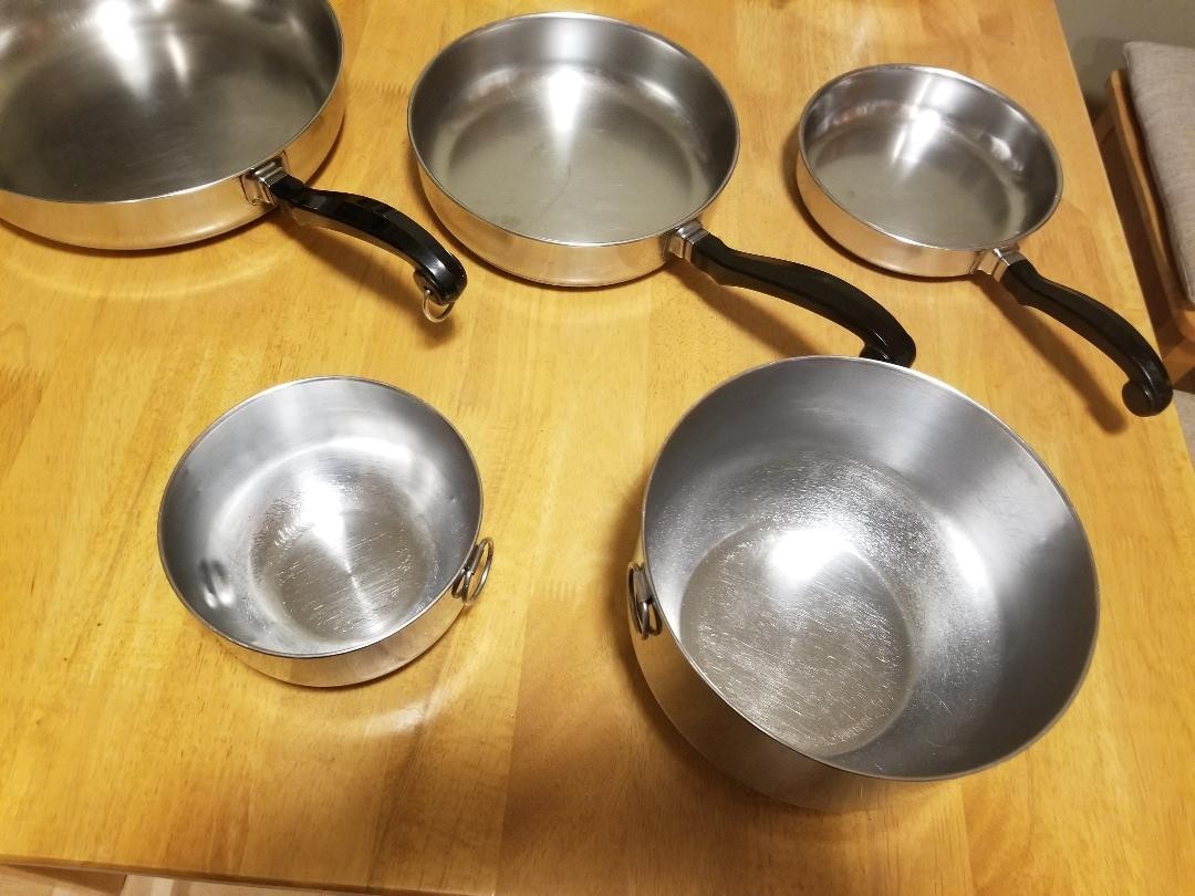 15 piece set VTG Farberware Aluminum Clad Stainless mixing bowls w/8 QT Stockpot