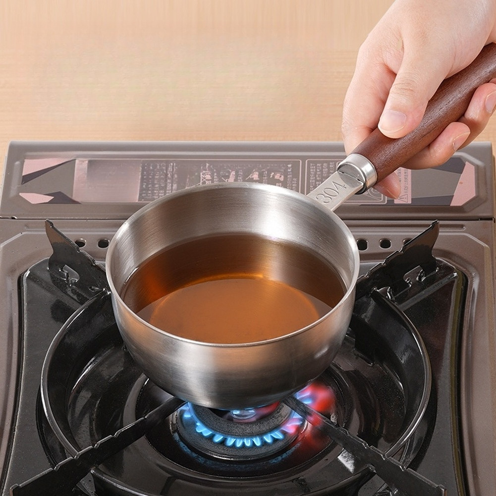 Oil Pouring Pan 28×11.6x6cm Stainless Steel Sauce Pot with Wood Handle