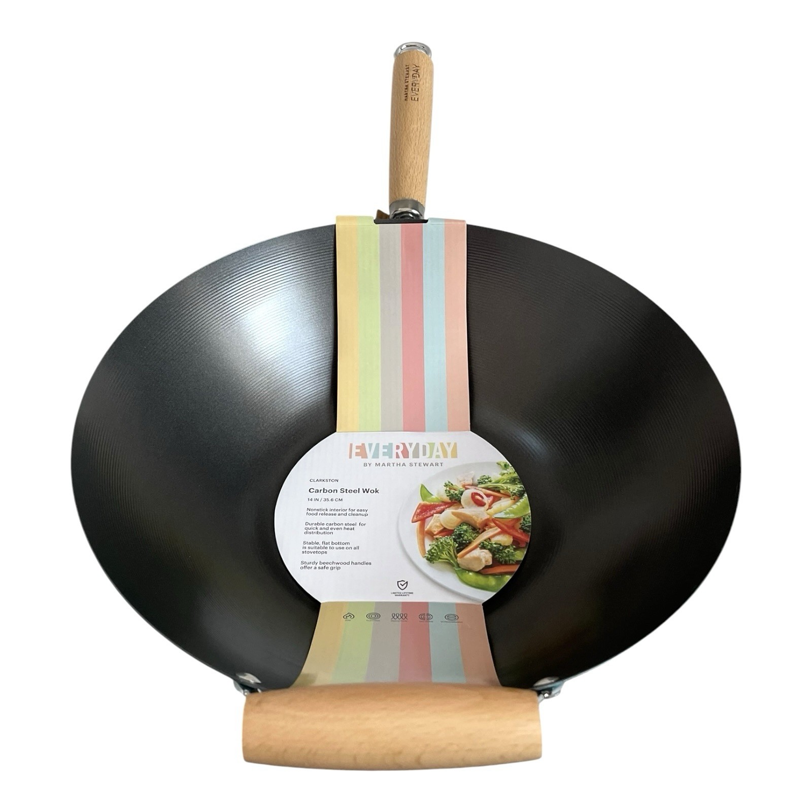 Martha Stewart Everyday Clarkston 14″ Carbon Steel Wok Nonstick Beechwood NIB