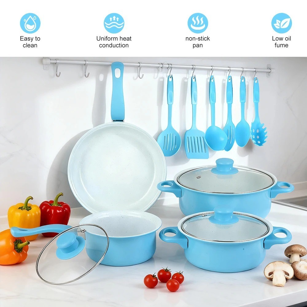 12Pc Nonstick Cookware Set Sky Blue Pots Pans Glass Lid Frying Kitchen Set