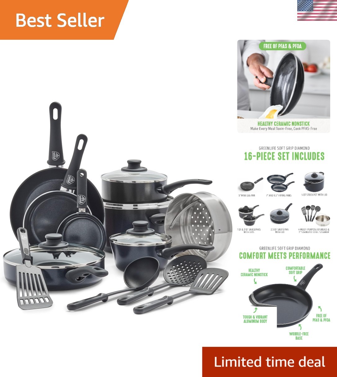 Versatile 16-Piece Non-Toxic Cookware Set with Stay-Cool Handles & Glass Lids