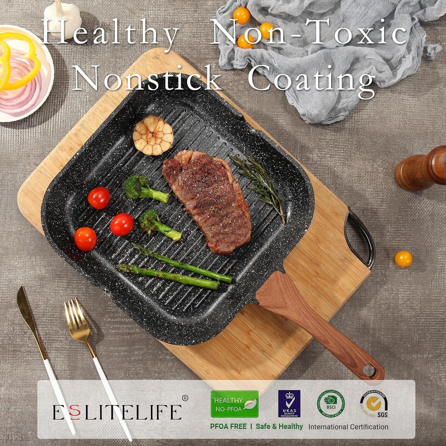 ESLITE LIFE 11 Inch Nonstick Grill Pan with Lid for 11″ w/Lid & Tongs, Black
