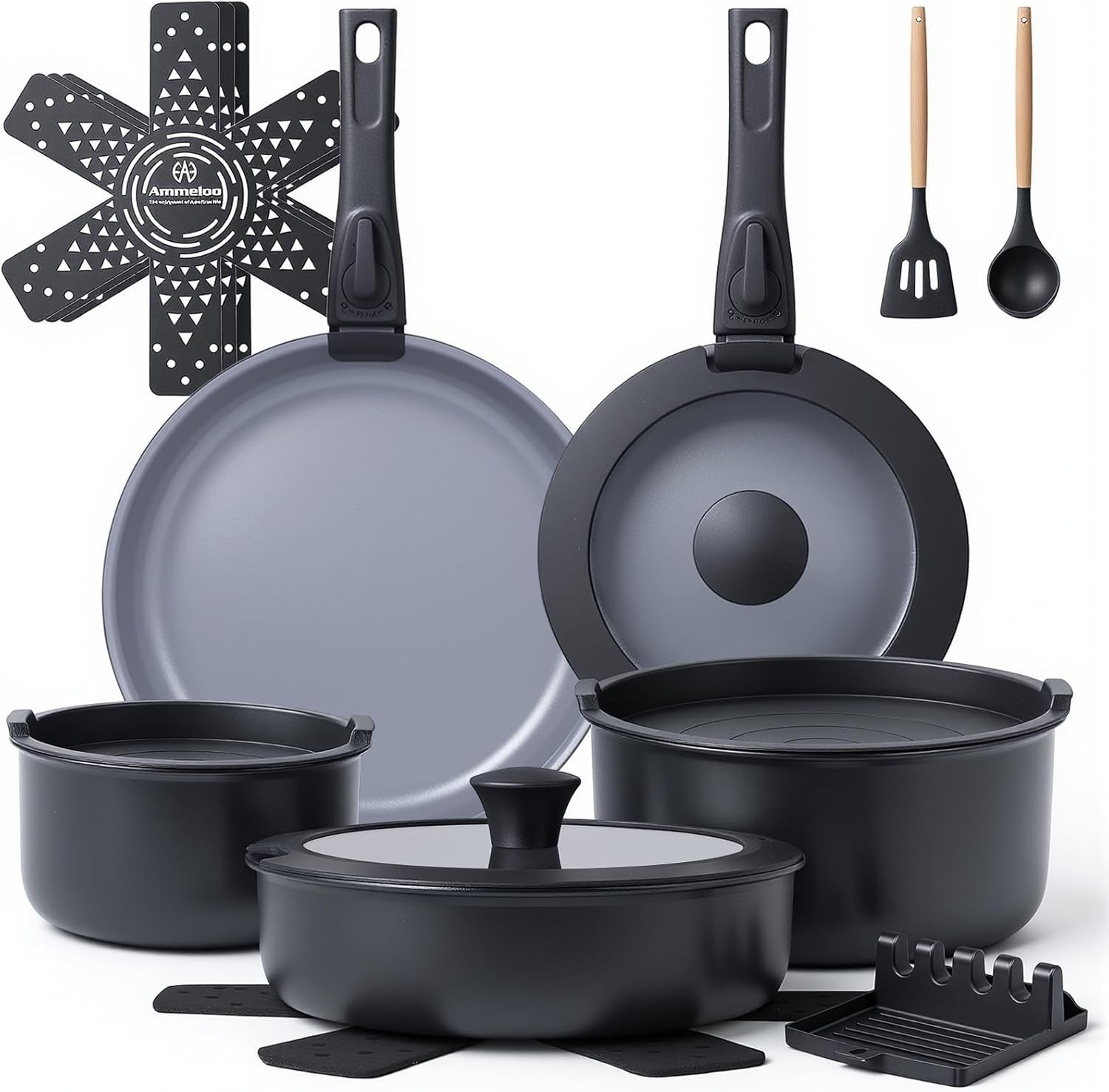 18-Piece Ceramic Pots and Pans Set Non Stick, Non Toxic Cookware Set with Rem…