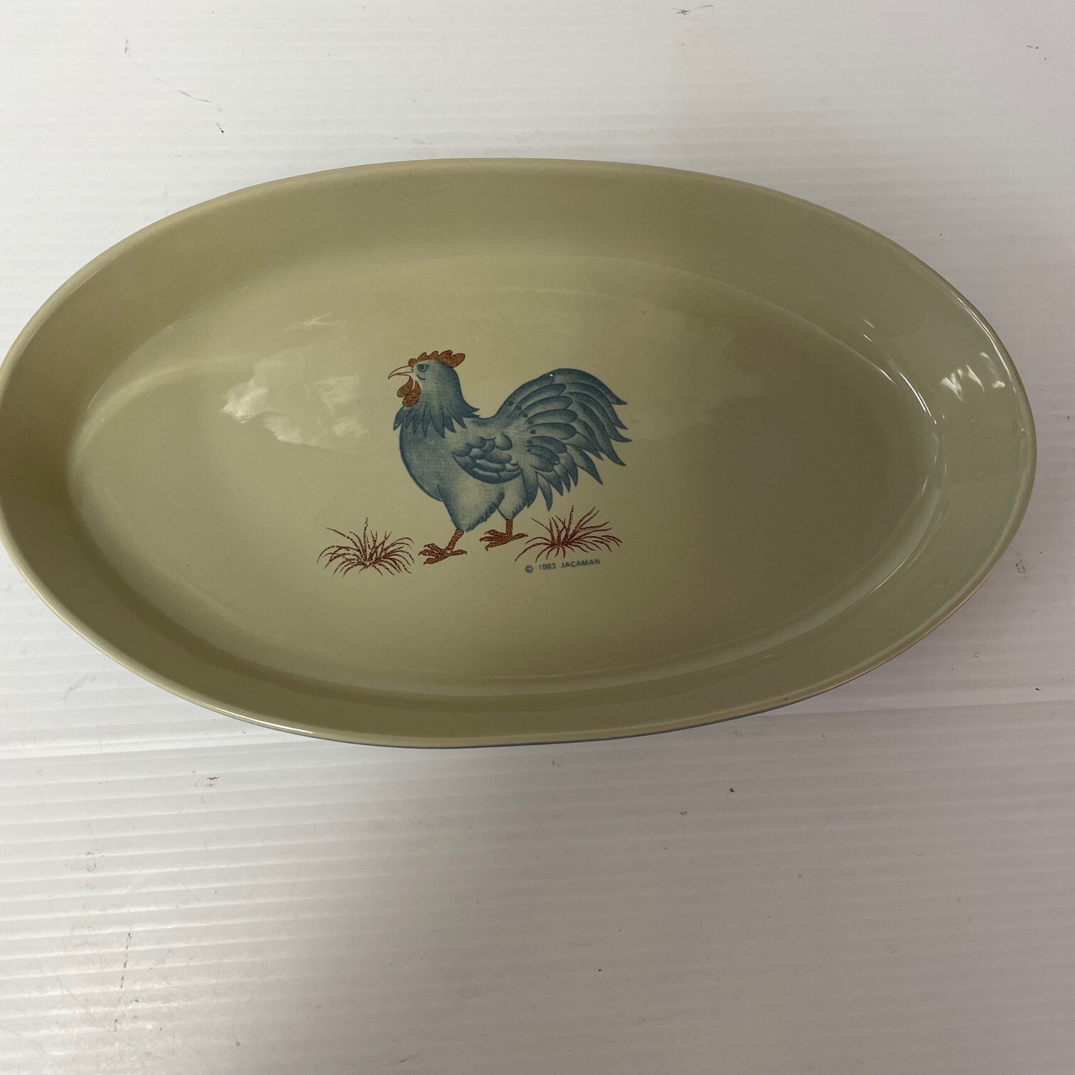 Oval Casserole Blue Rooster On Grey Stoneware By Jacaman Vintage 1983 Nice