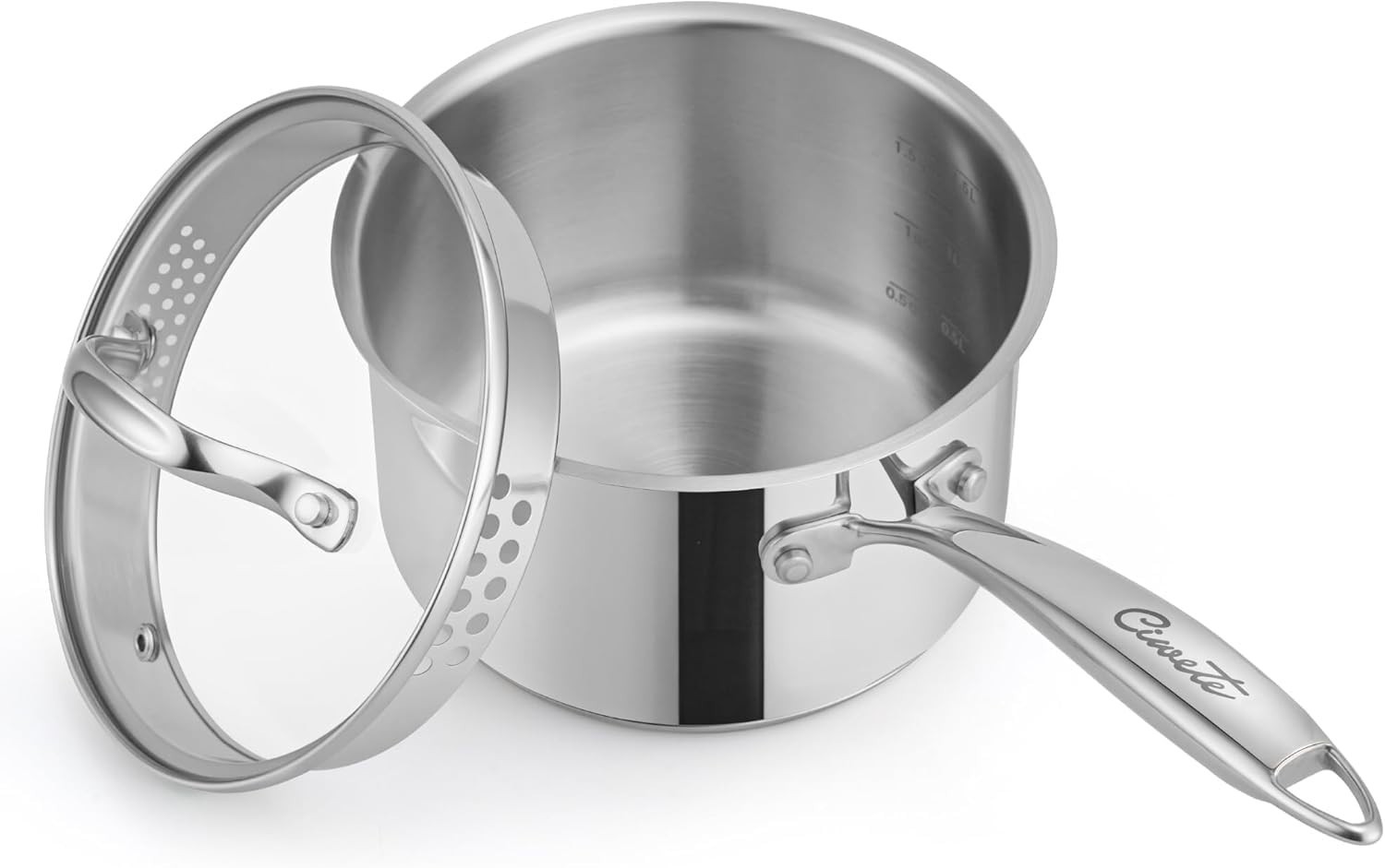 Ciwete 2 Qt Stainless Steel Saucepan w/ Glass Strainer Lid Pour Spout Induction