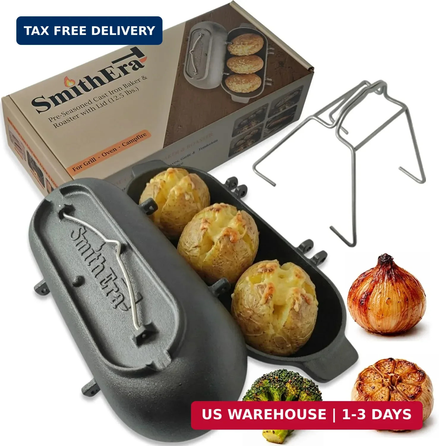 Cast Iron Potato Baker for Grill, Oven & Campfire with Hanging Handles – Pre-Sea