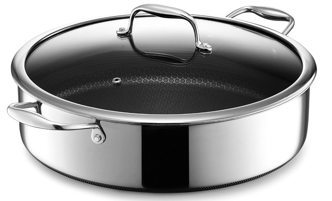 Sartén 7QT antiadherente híbrido con tapa vidrio, horno e inducción, resistente
