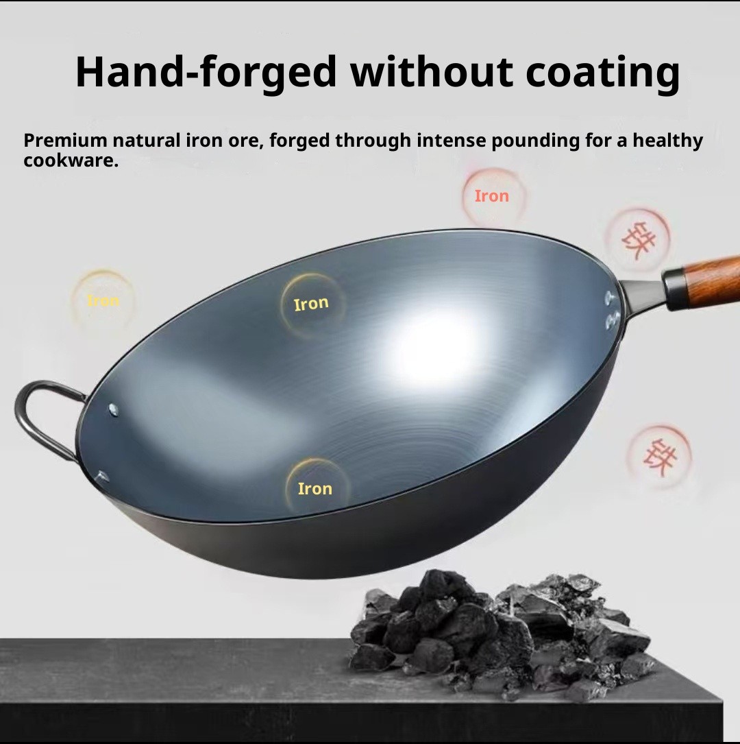 32/34/36CM Wooden Handle Iron Wok Non-Stick Stir Fry Pans Gas Stove Induction AU
