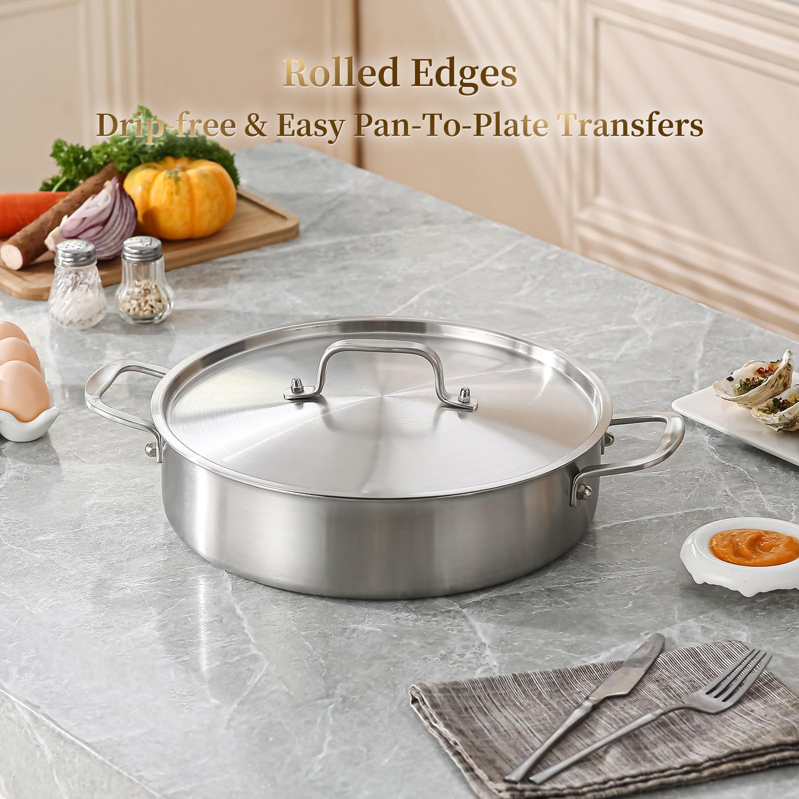 DELARLO Tri-Ply Stainless Steel 8 Quart Braiser Pan with Lid 8 Quarts, Silver