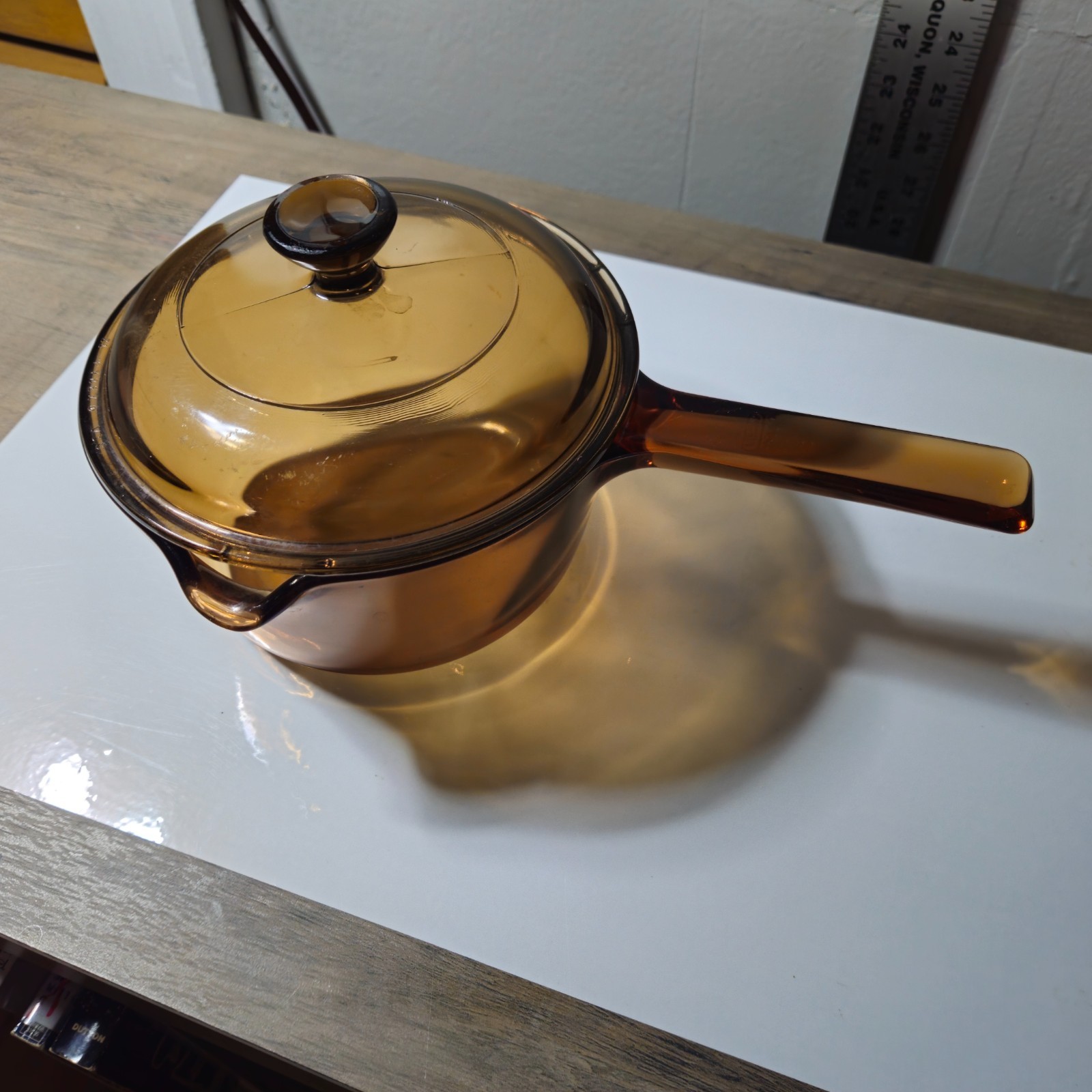 Vision Corning Ware USA Vintage 1 Litre Amber Saucepan w/Pour Spout & Pyrex Lid