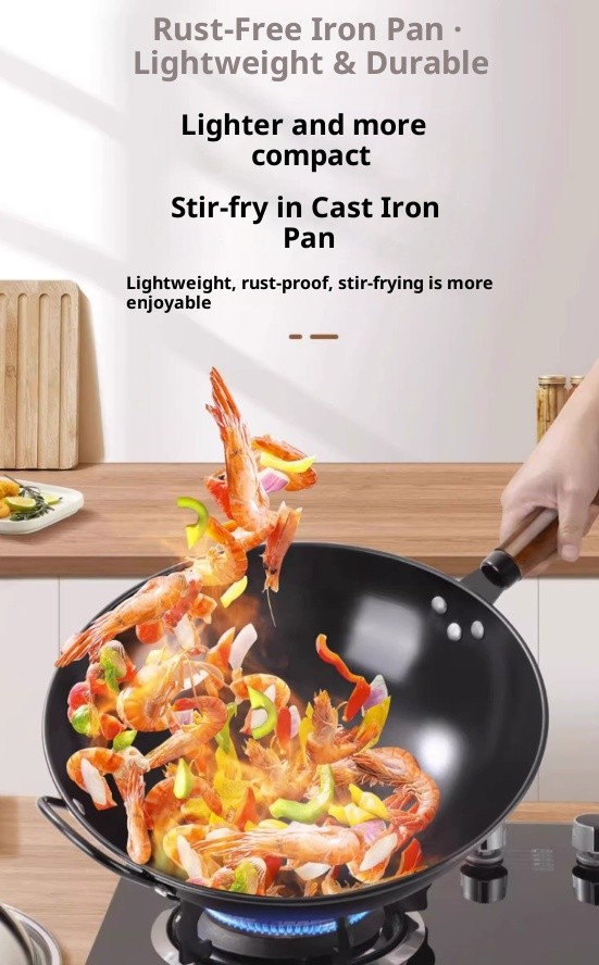 32/34/36CM Wooden Handle Iron Wok Non-Stick Stir Fry Pans Gas Stove Induction AU