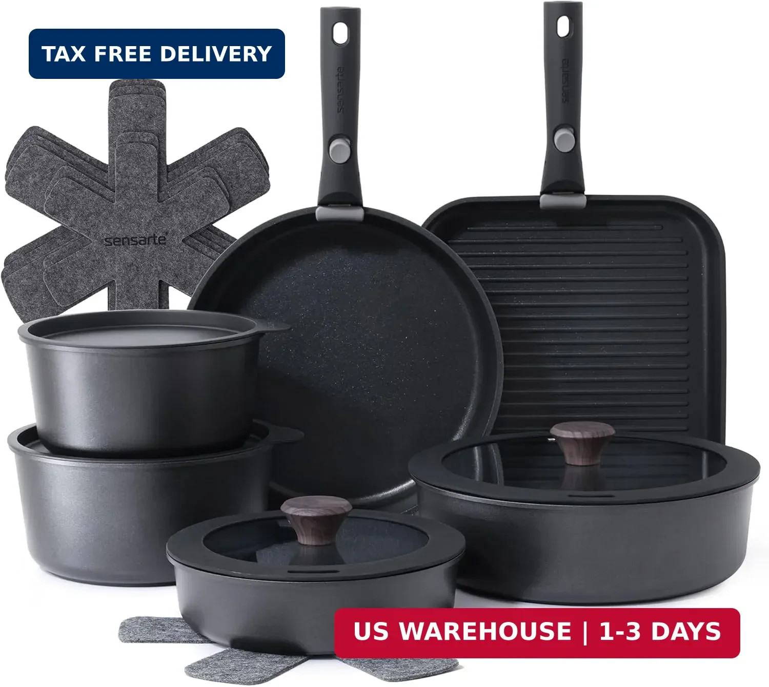 SENSARTE 17 Piece Pots and Pans Set, Nonstick Detachable Handle Cookware Set, In