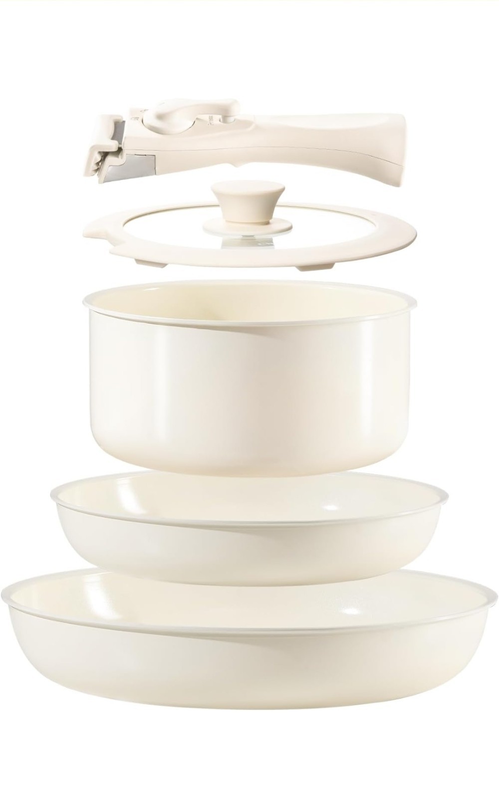 Chef Power Ceramic Nonstick Pot and Pan Set with Detachable Handle – Cream White