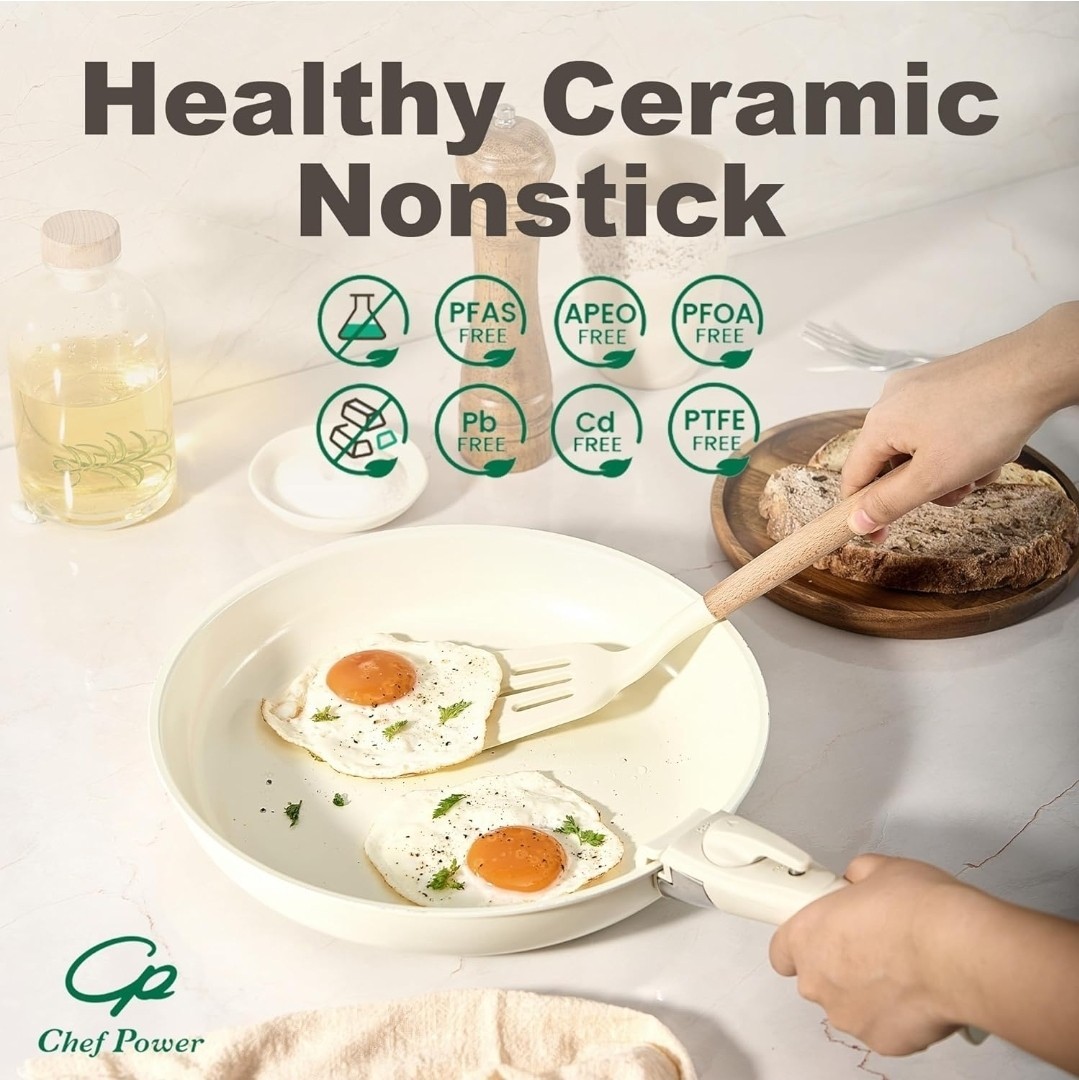 Chef Power Ceramic Nonstick Pot and Pan Set with Detachable Handle – Cream White