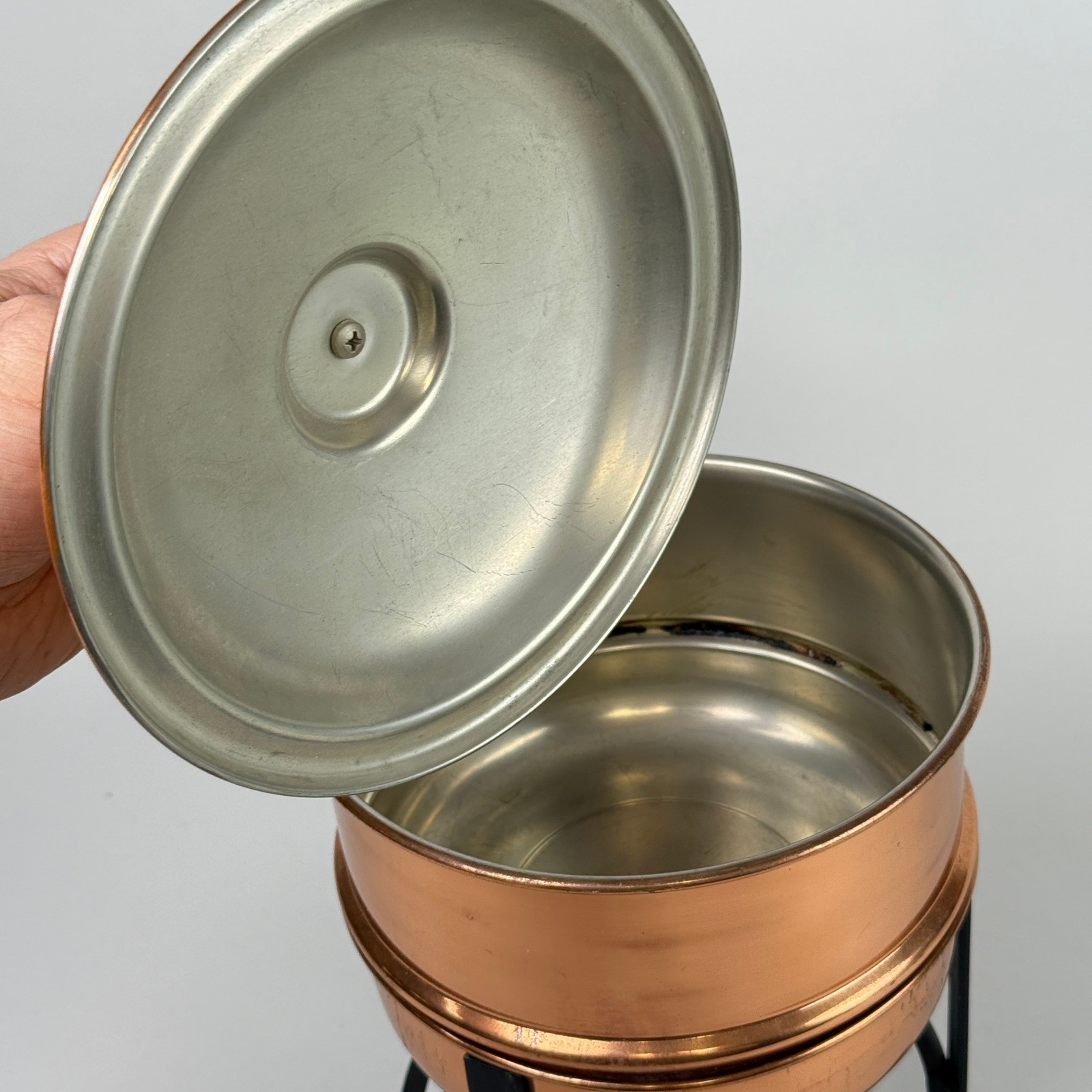 Vintage Copper Double Boiler Pot with Wood Handle and Stand Fondue Set