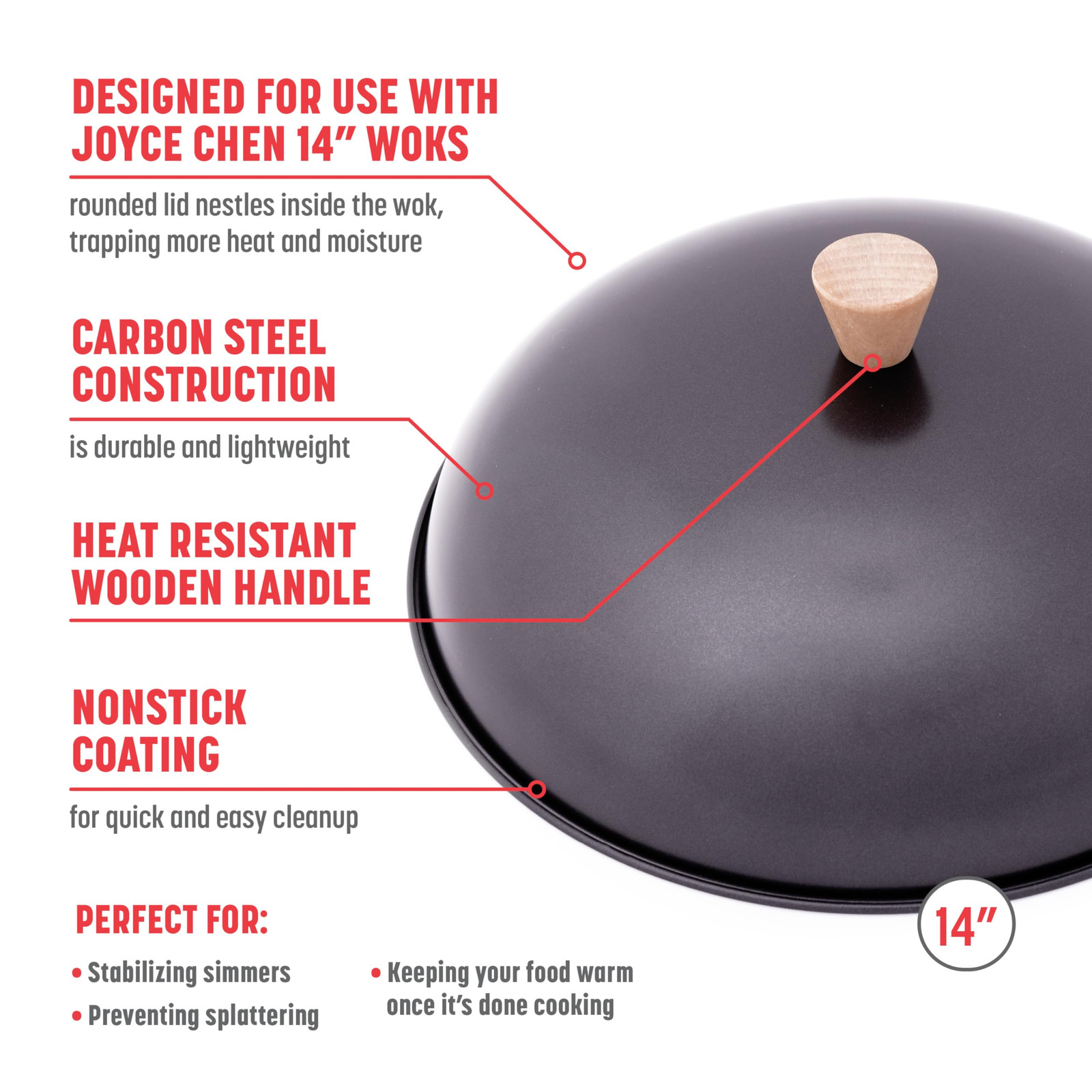 31-0066 13.5-Inch Nonstick Steel Dome Lid for 14-Inch Wok Black