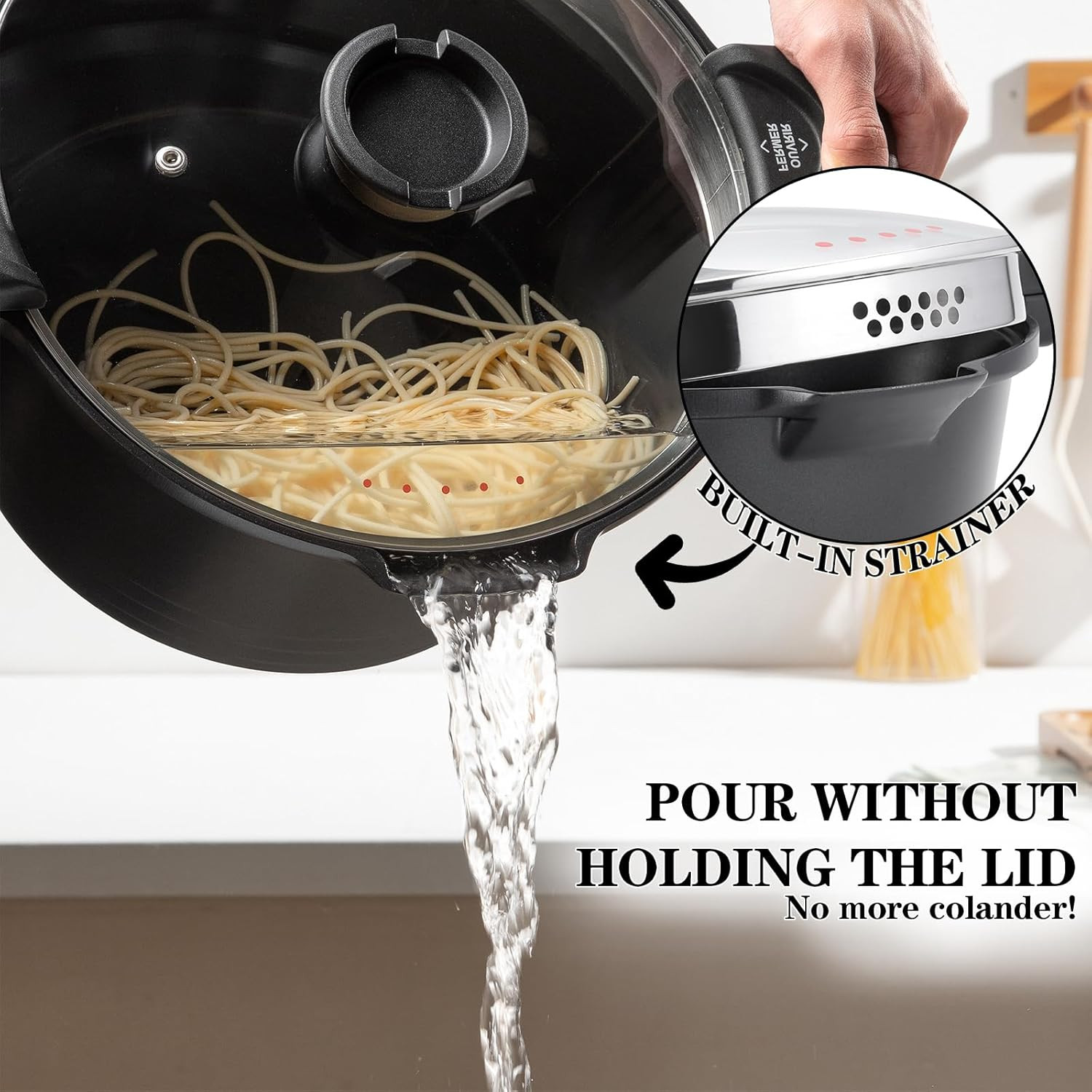 8.5Qt Nonstick Pasta Pot with Strainer Lid & Tempered Glass, Dishwasher Safe
