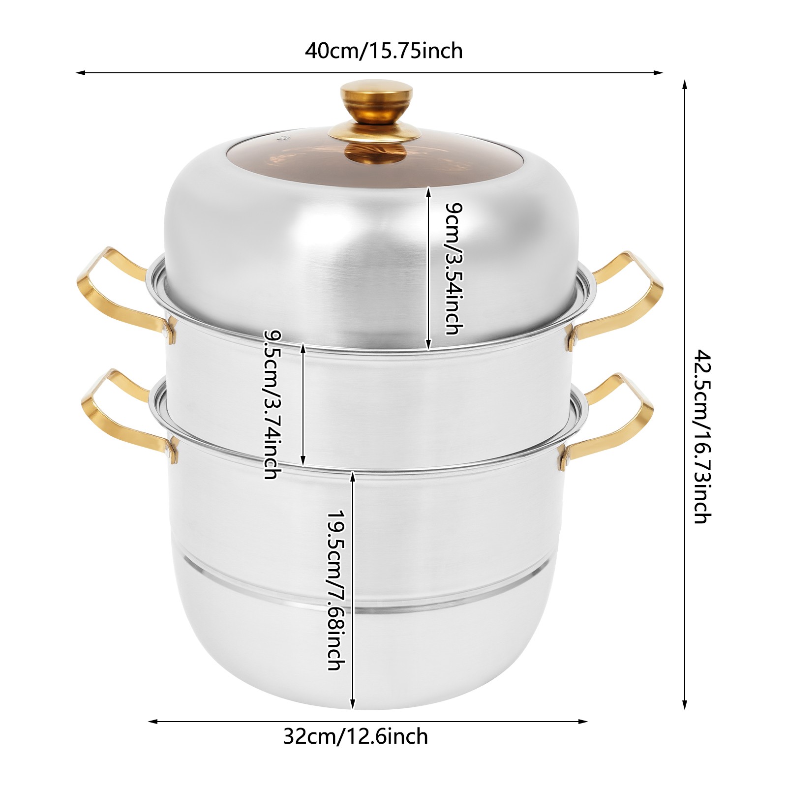 Steam Cooker, Stainless Steel Steam Cooker, 3-tier Steam Cooker Silver+Gold