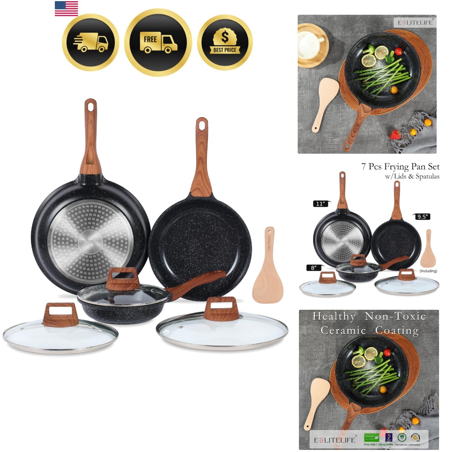 Nonstick Ceramic Frying Pans Skillets Set with Lids, Non-Toxic Egg Omelette K…