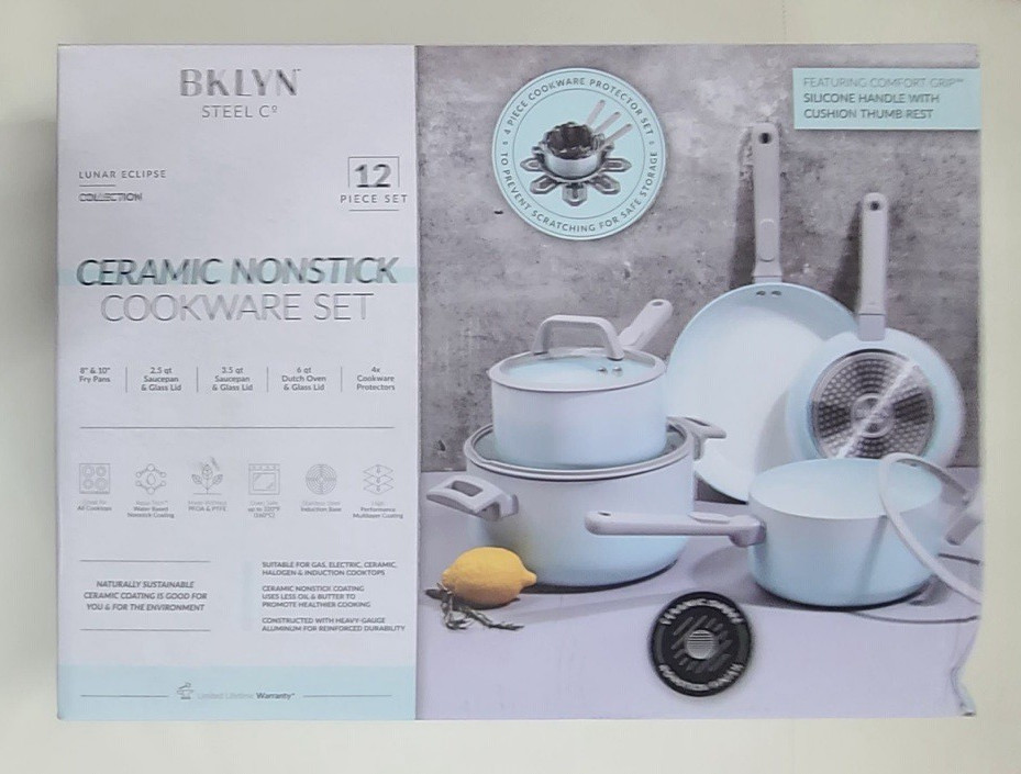 BKLYN Steel Co Lunar Eclipce Ceramic Nonstick Cookware Set 12 Pc Light Blue