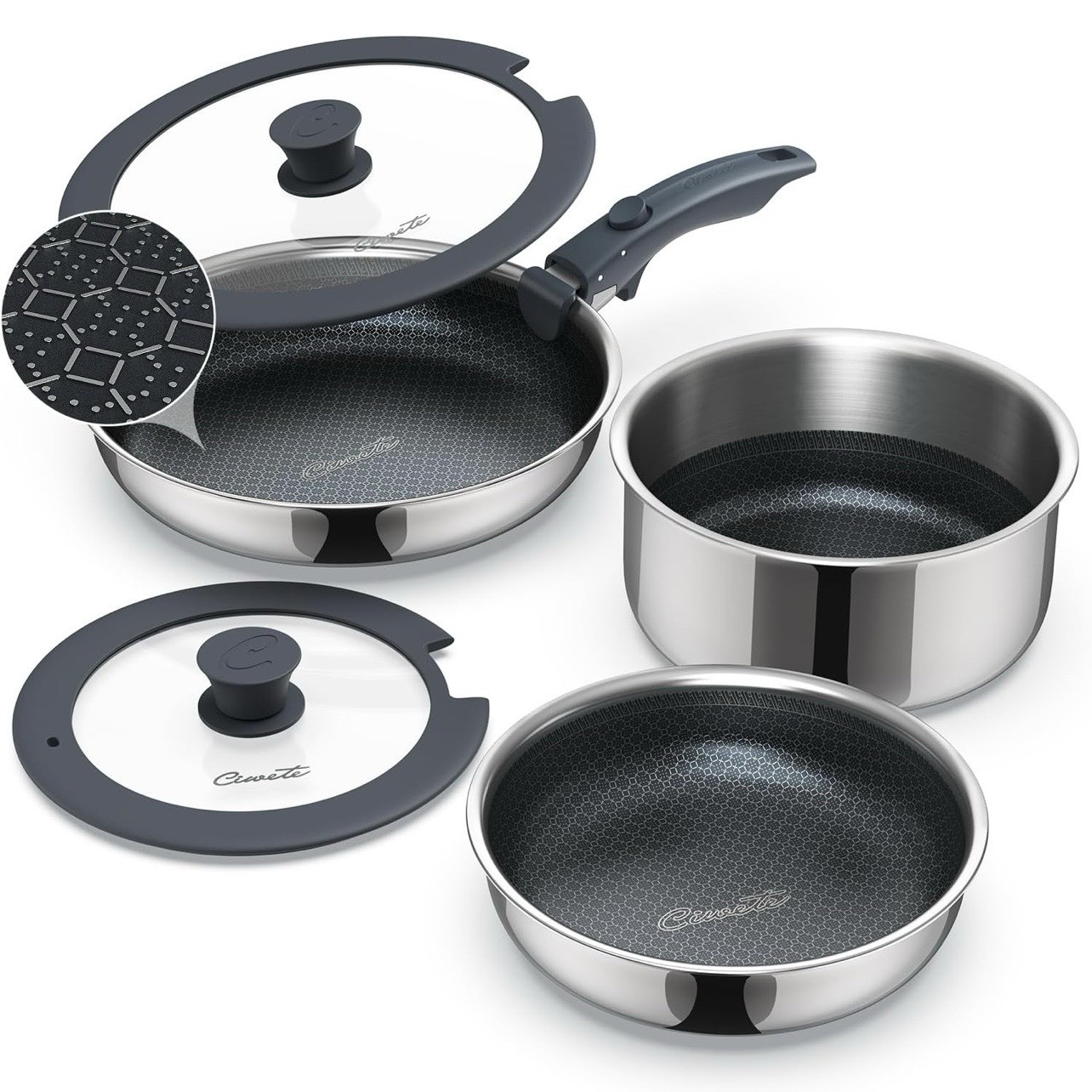 Ciwete 6-Piece Hybrid Stainless Steel Pots and Pans Set Non Stick