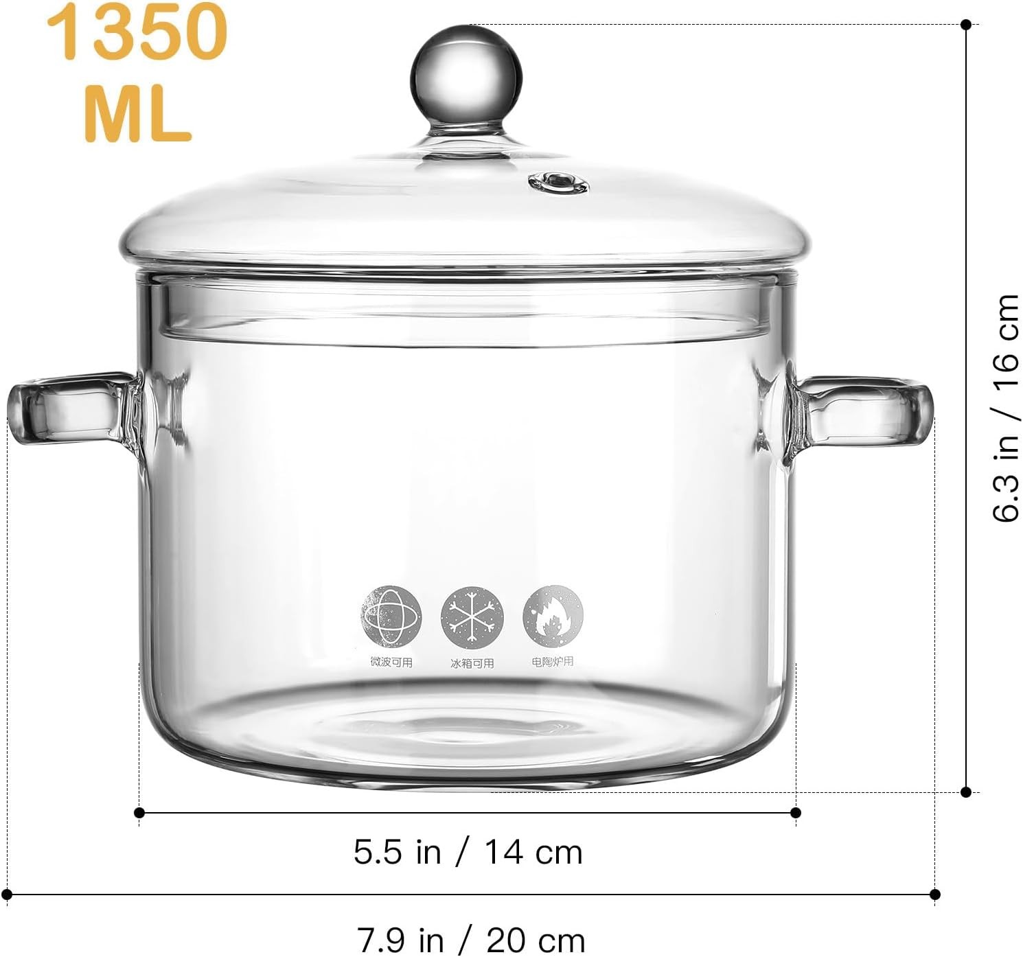 High Borosilicate Glass Soup Pot W/ Lid & Double Handles Transparent Cooking Pot