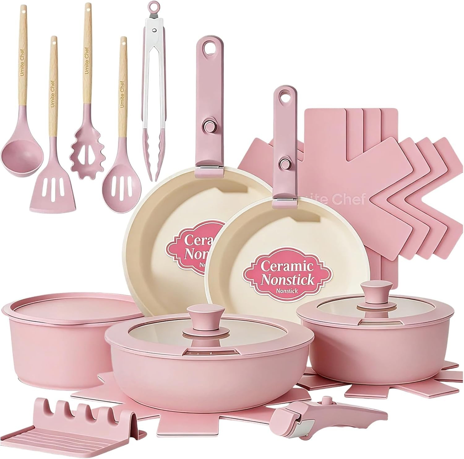 Pots and Pans Set Non Stick, 21 Pcs Ceramic Cookware Set with Detachable Handles