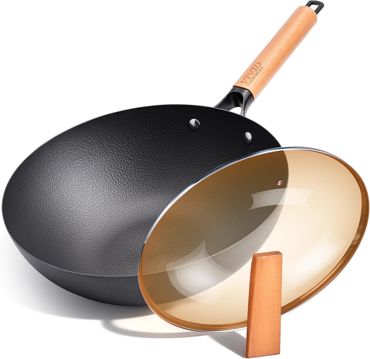 12.6 Inch Carbon Steel Wok Pan with Lid, 4.8 Qt Flat Bottom Stir Fry Pan with