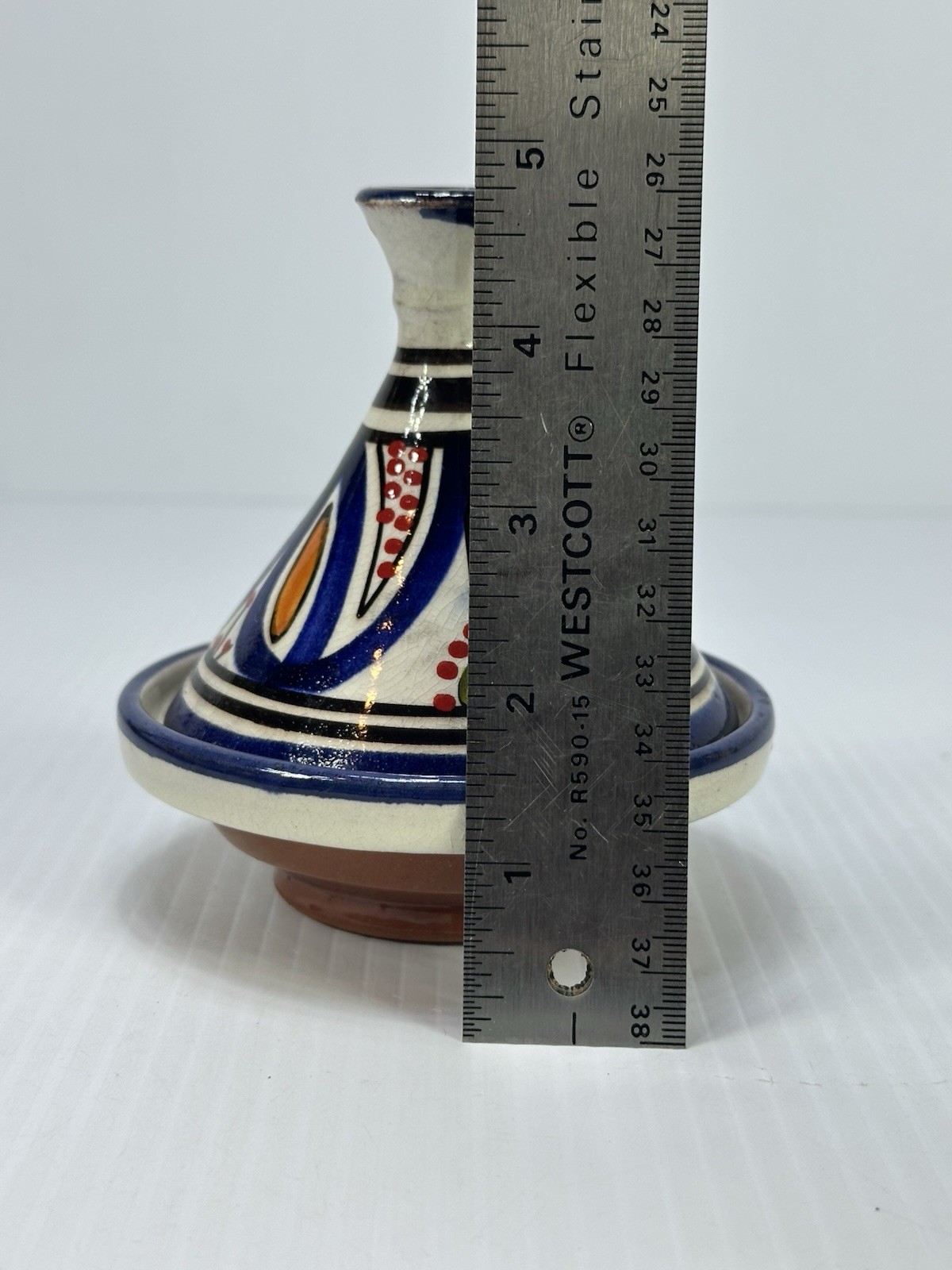 Vintage Small Moroccan Terracotta Tagine Pot Hand Painted Glazed Morocco Signed