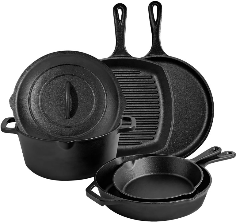 Juego Cocina Hierro Fundido 6 Piezas Olla 5QT Sartenes Parrilla Camping BBQ 80C