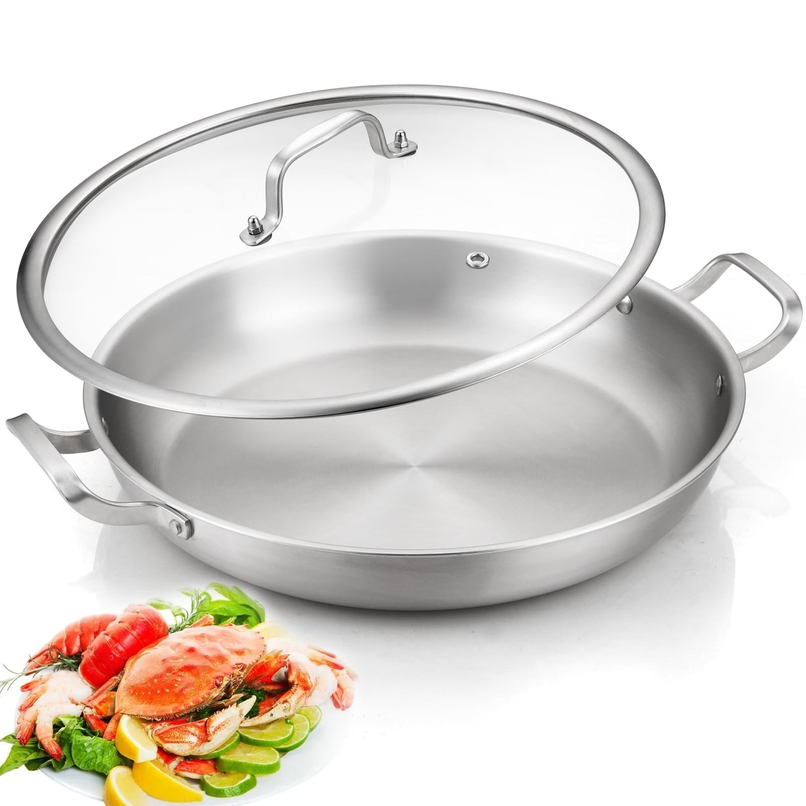 DELARLO Paella Pan 14 Inch Tri-Ply Stainless Steel Paella Pan with Lid, Jumbo Fr