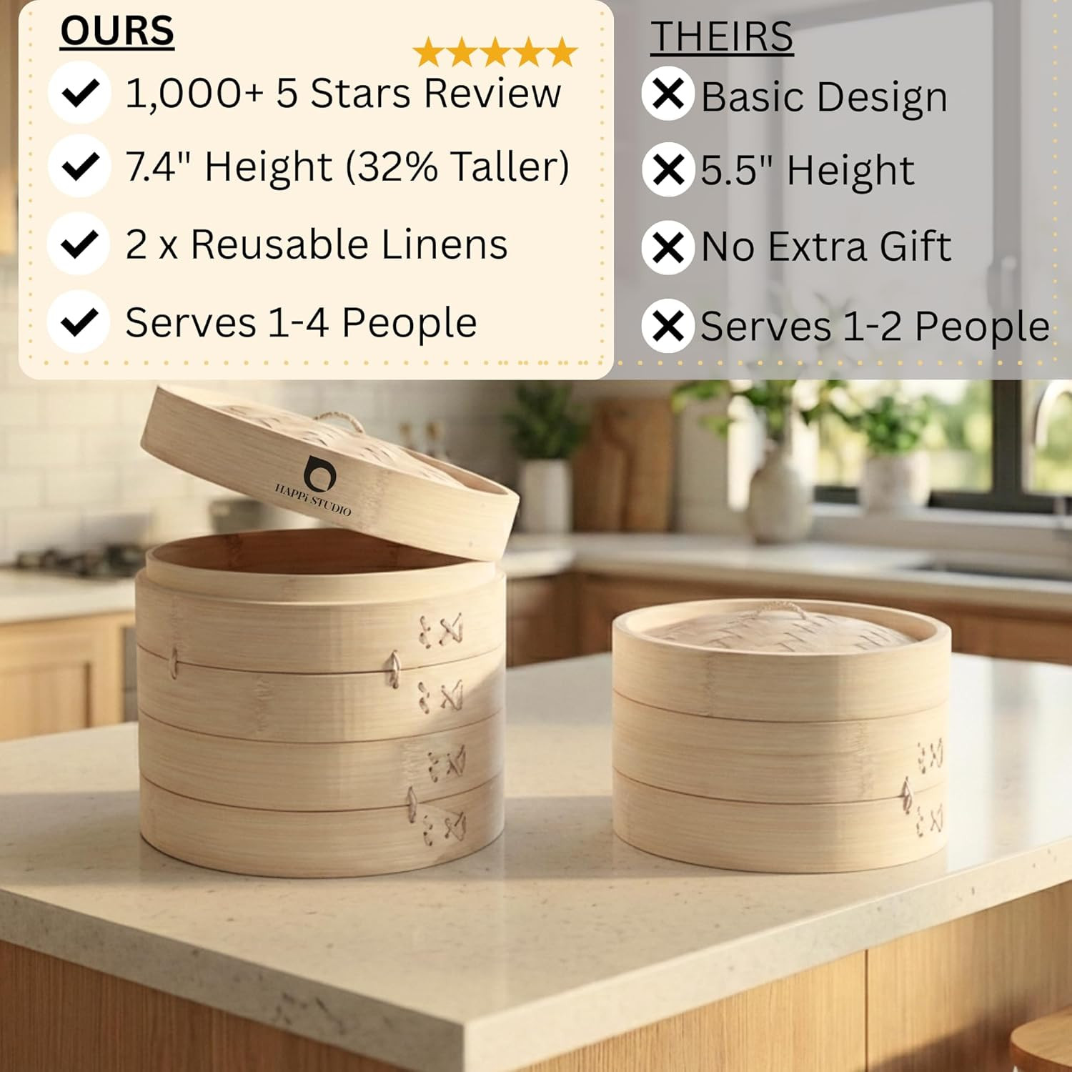 Bamboo Steamer Basket Set – 10 Inch Large Dumpling 2 Tier for Pots – Asian Cooki