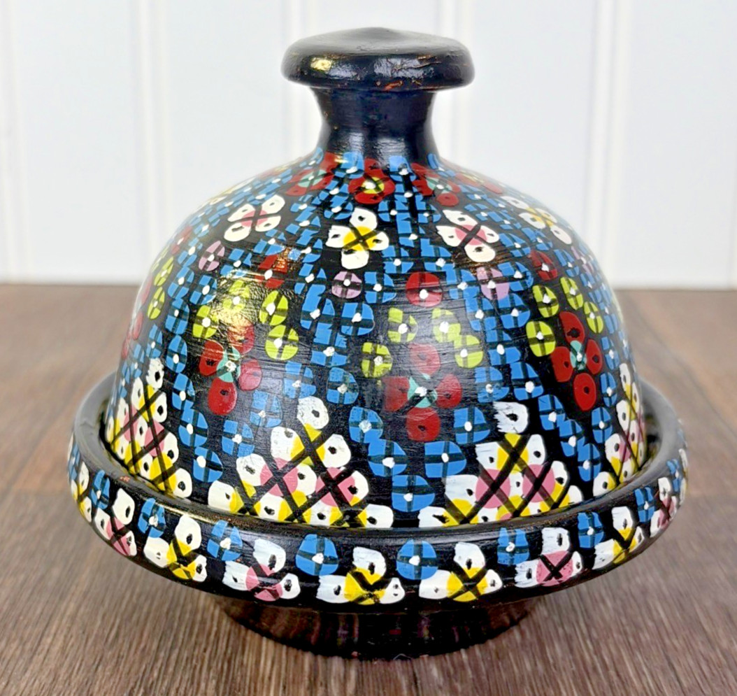 Hand Painted Moroccan Terracotta Clay Pottery Tagine Dish 4″ Signed Trinket
