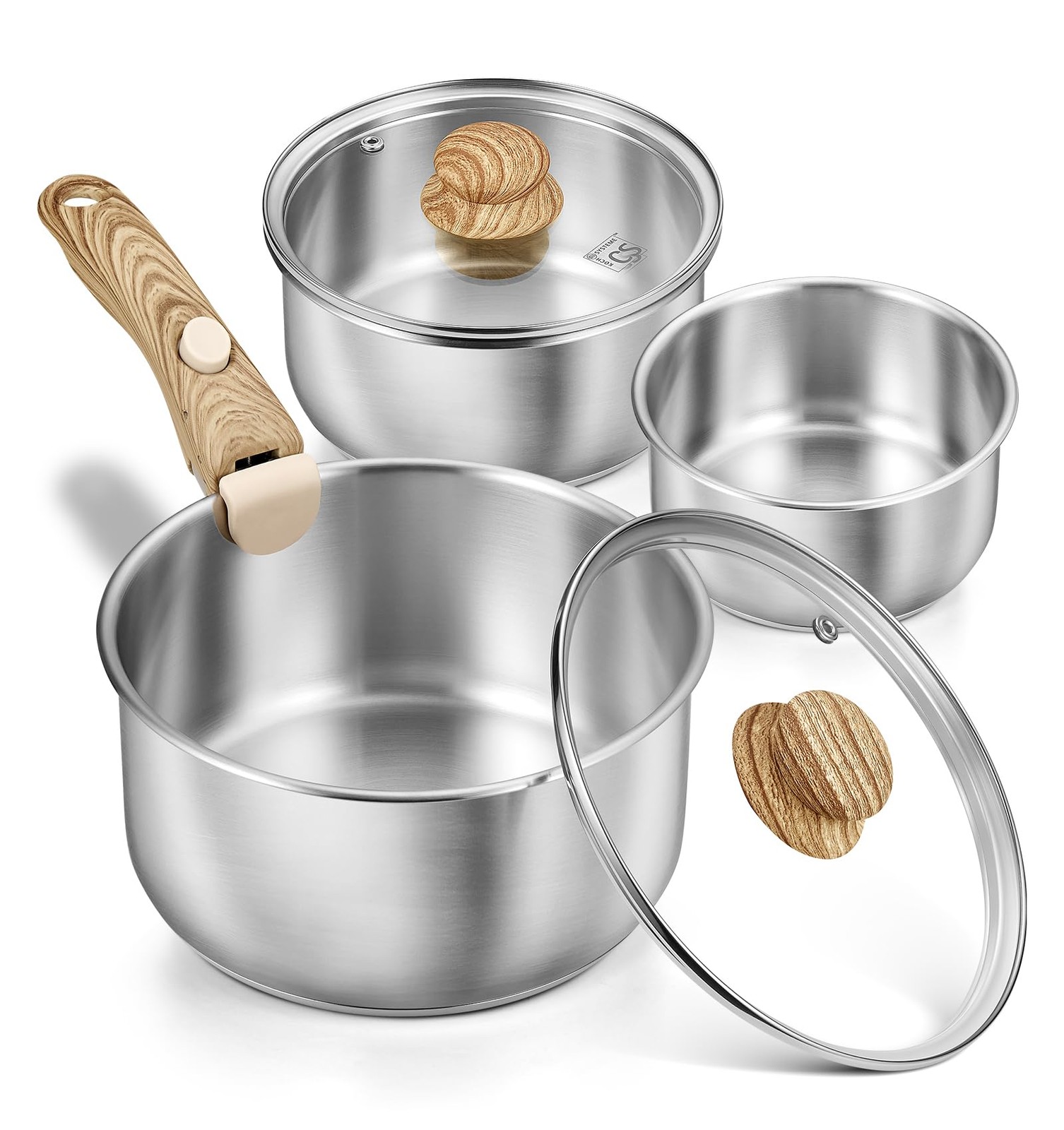 18/10 Stainless Steel Saucepan Set Removable Handle, 1.5QT & 2QT & 3QT Sauce …