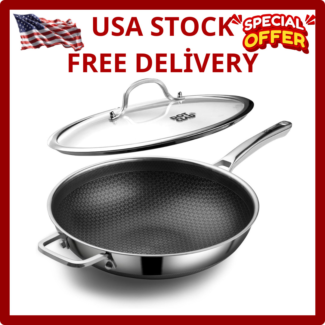 Wok Pan Hybrid 12 inch Wok with Lid Cover Stir-fry pans Nonstick Stainless Steel