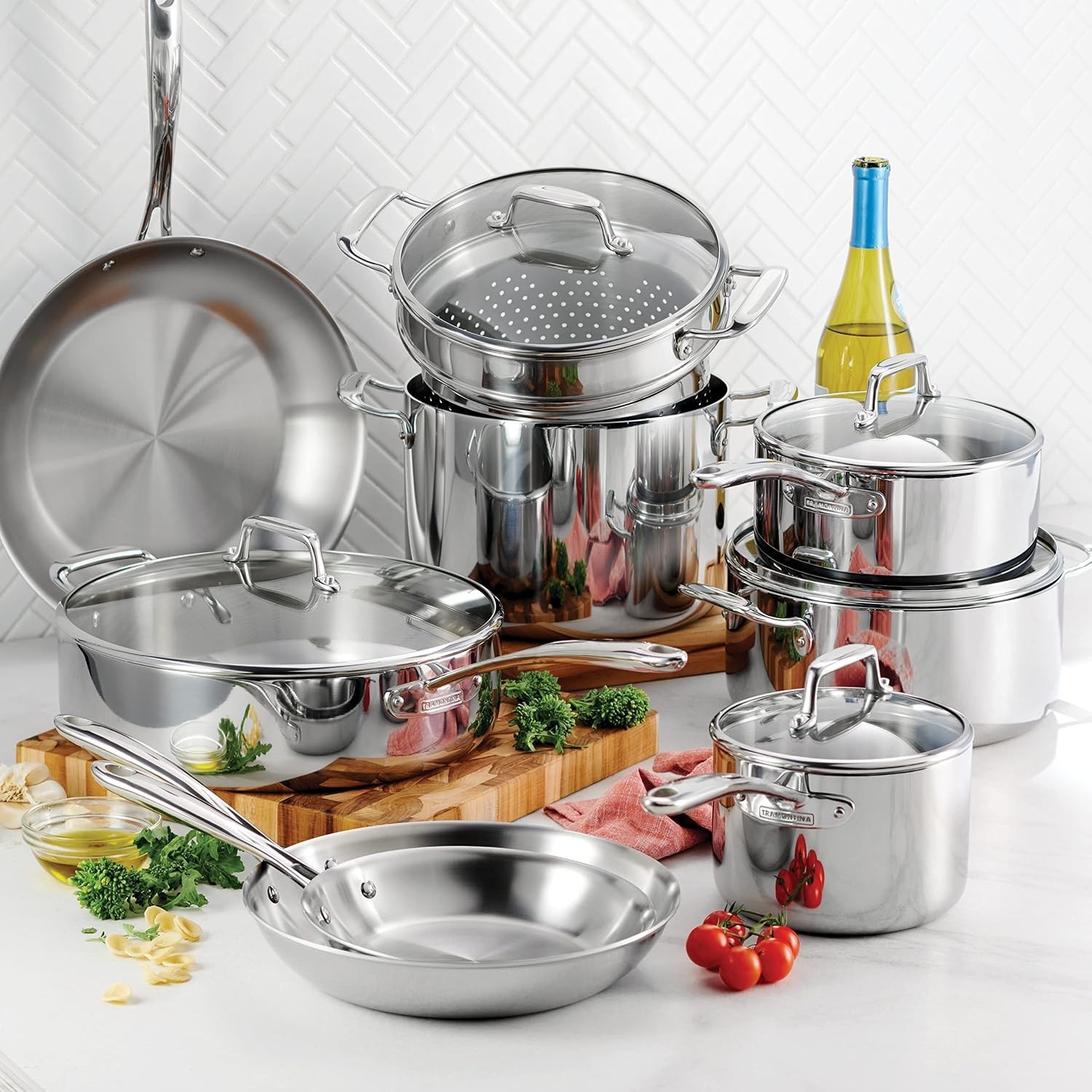 Tramontina Tri-Ply Clad 14 Piece Stainless Steel Cookware Set with Glass Lids