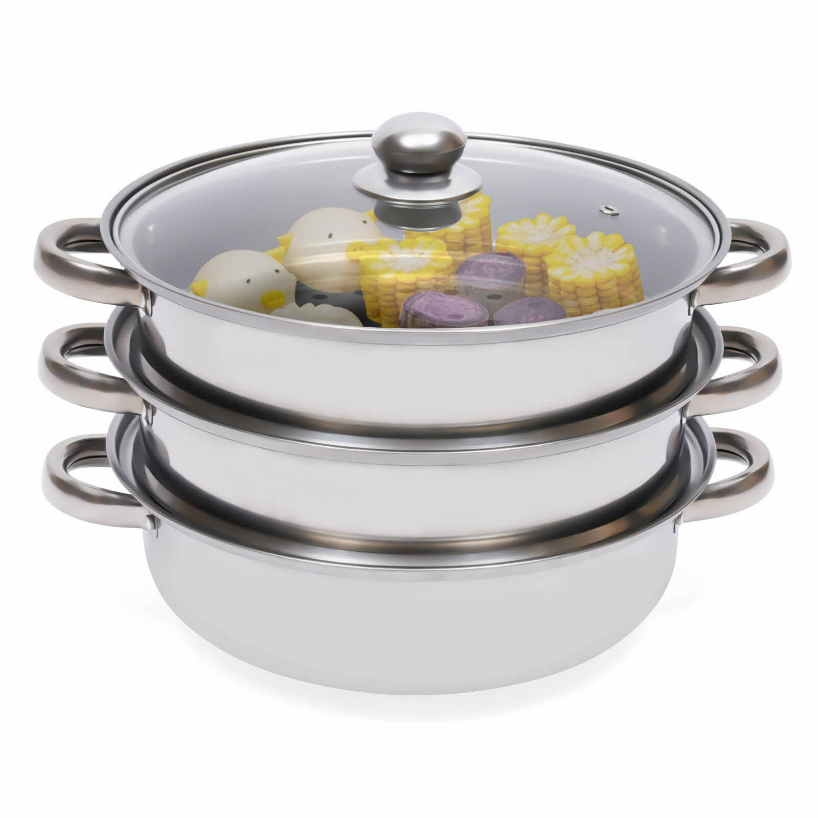 3 Tier Steamer Hot Pot Stainless Steel Cooker Steam Pot Food Cooking + Glass Lid