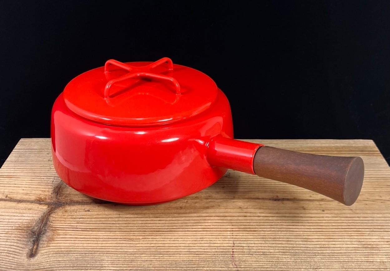 Dansk Kobenstyle Red Enamel Fondue or Sauce Pan Cross Lid Teak Wood Handle