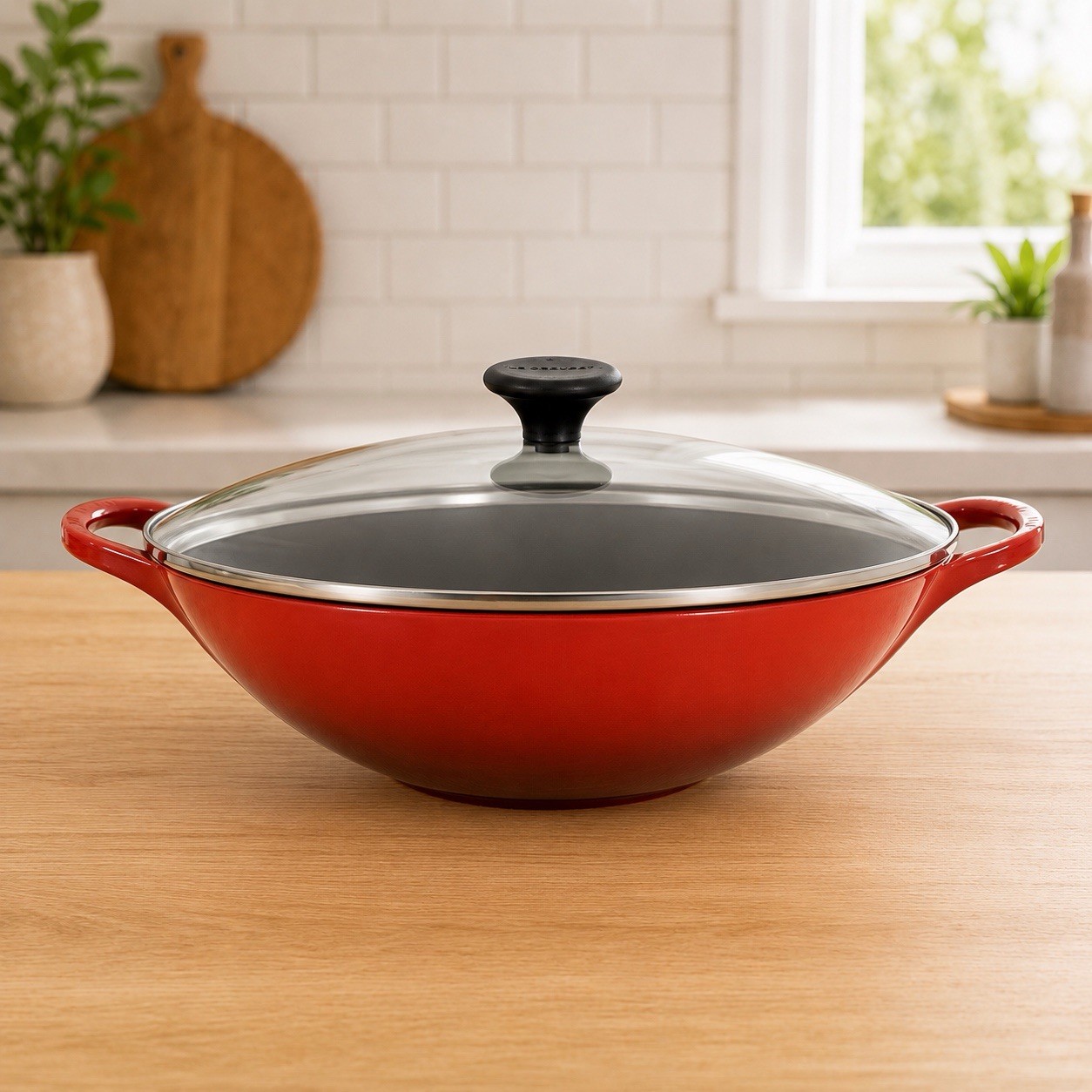 Le Creuset 32 Flame Red Cast Iron Wok 32cm w/ Glass Lid France Enamel