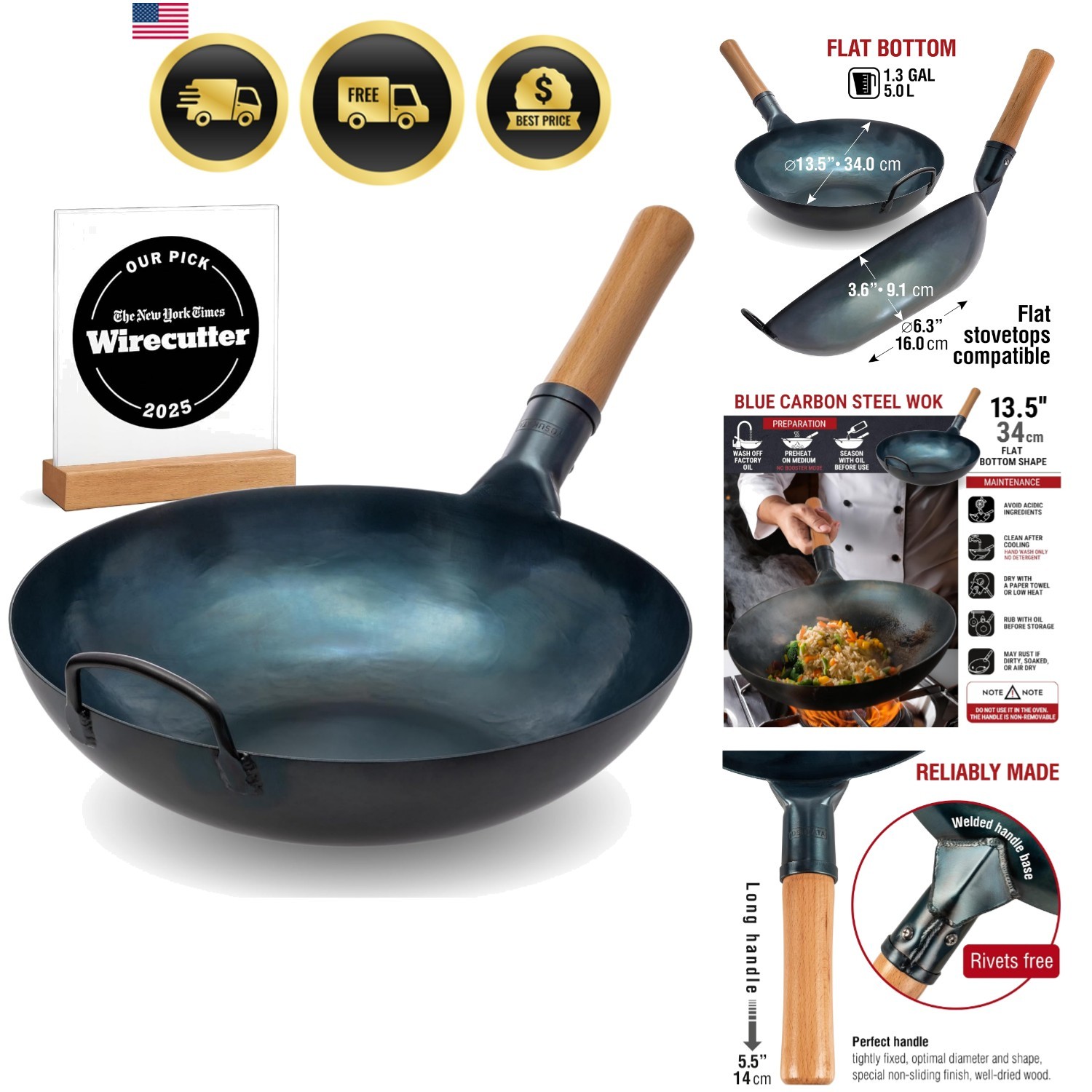 Carbon Steel Wok Pan 13.5 Inch Flat Bottom Stir Fry BBQ Grill Camping