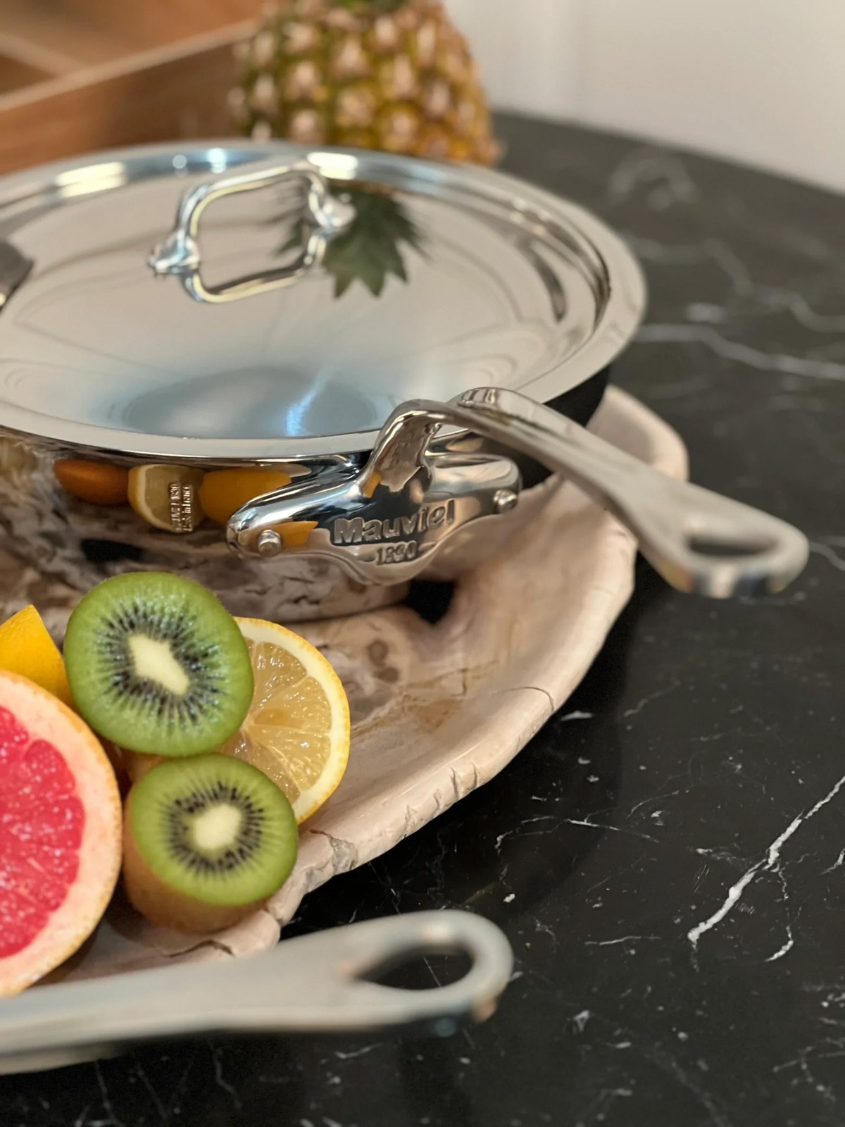 Mauviel M’Cook 2.1 qt. Stainless Steel Curved Splayed Saute Pan with Lid