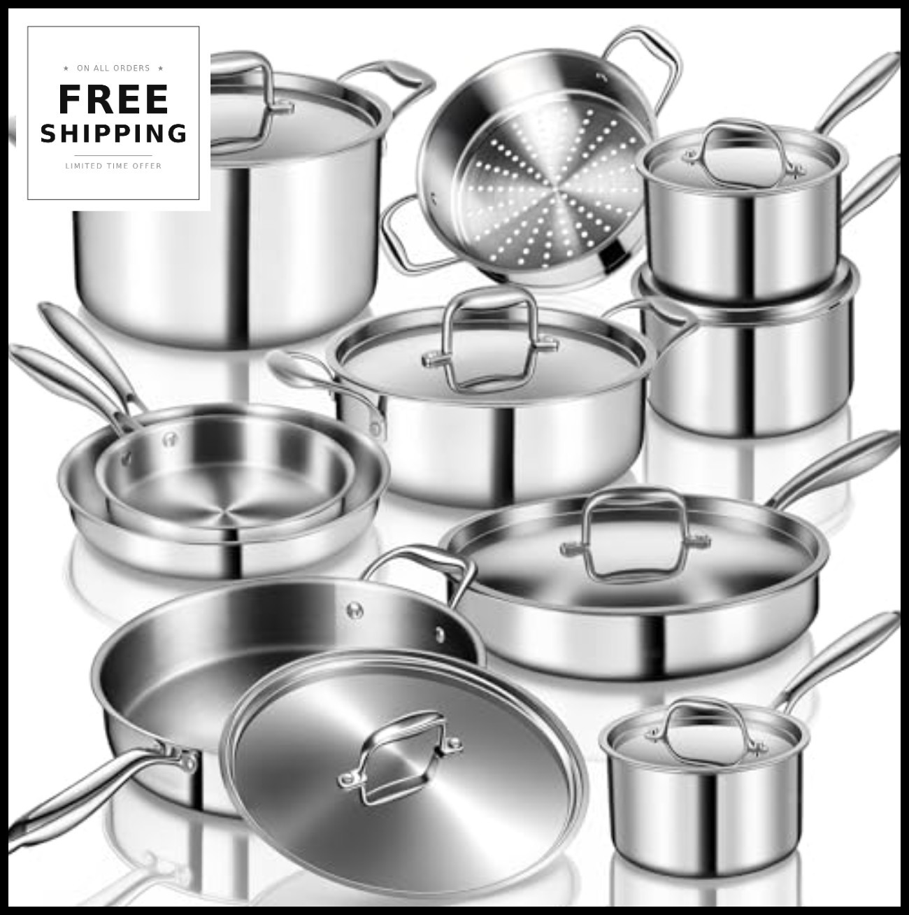 Stainless Steel Cookware Set 17 Piece 3 Ply Induction Saucepan Stock Pot