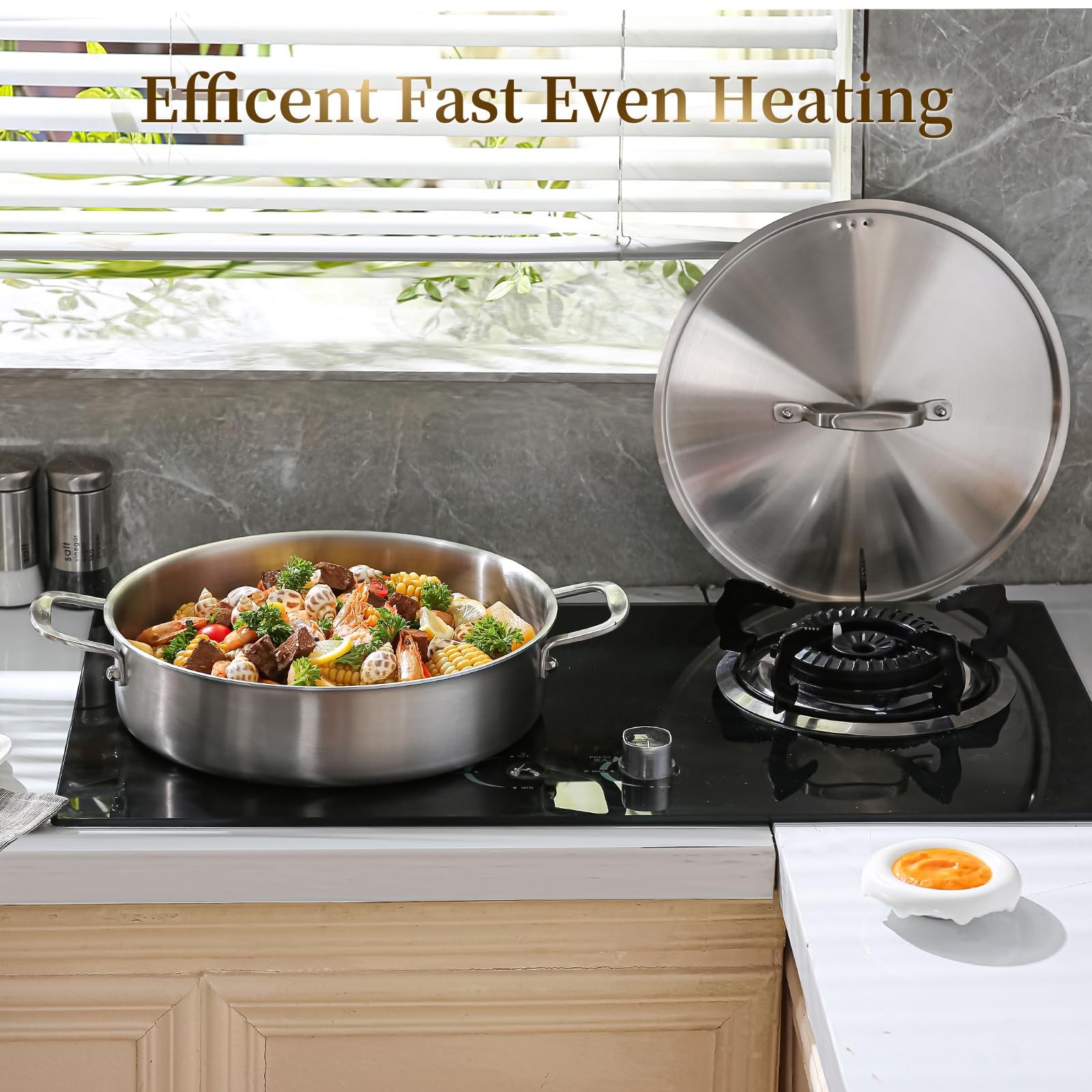 DELARLO Tri-Ply Stainless Steel 8 Quart Braiser Pan with Lid 8 Quarts, Silver
