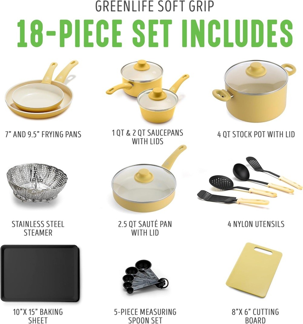 GreenLife Soft Grip Nonstick Ceramic 18Piece Cookware Pots/Frying Pans Set Yello