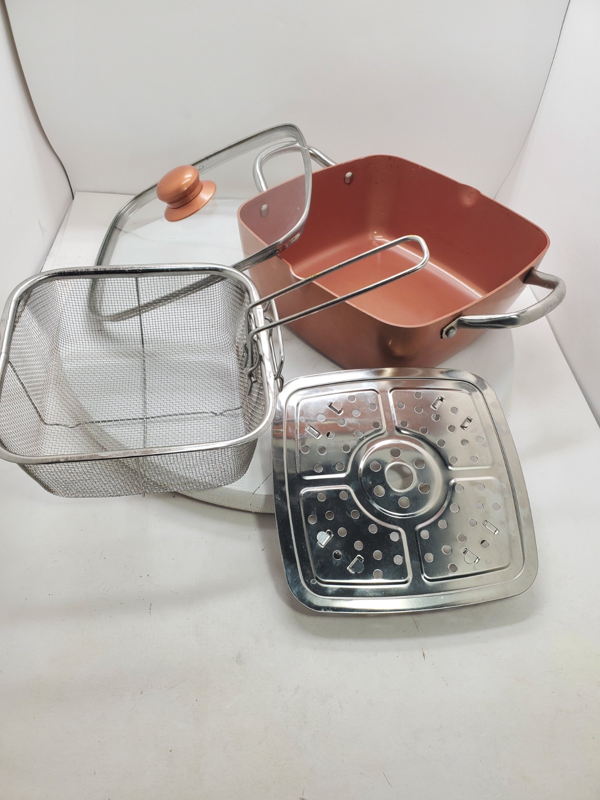 Copper Chef 9.5″ Square Frying Pan W/ Steamer, Fryer Basket, & Glass Lid stockt4